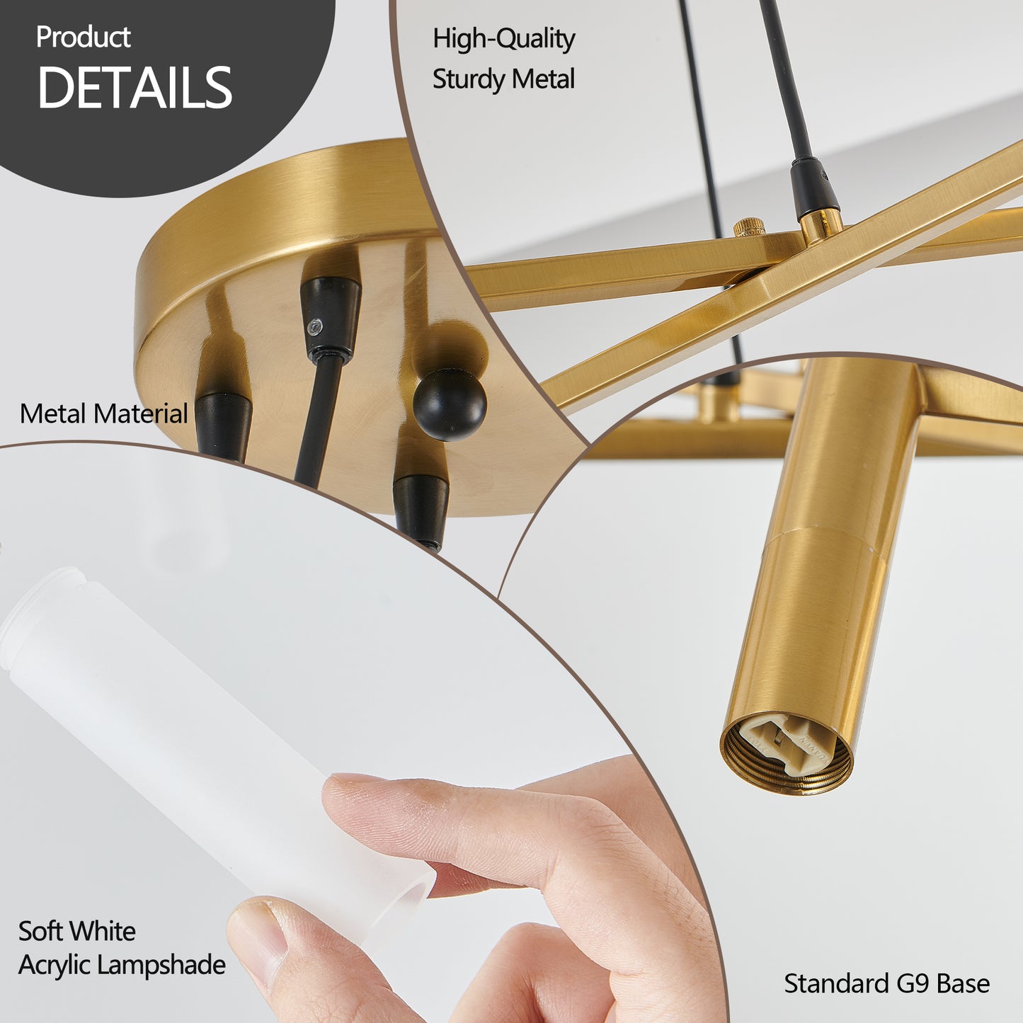 41" Golden Modern Chandelier Light Fixture, Branch Design with Frosted Tubes, Black Cords, Adjustable Height Pendant Light for Dining Room, Living Room, or Kitchen Island (Bulb Not Included)