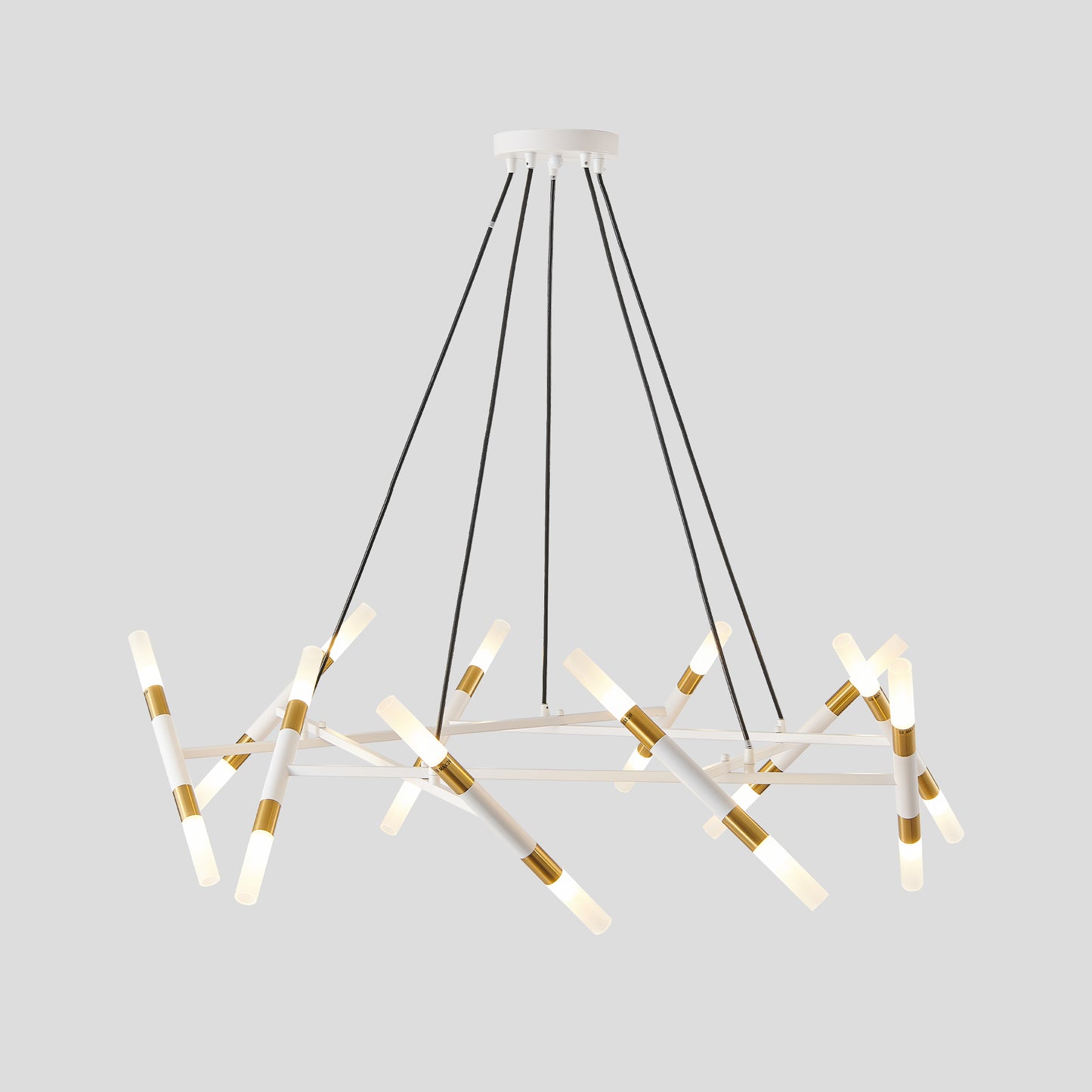 41" White & Golden Modern Chandelier Light Fixture, Branch Design with Frosted Tubes, Black Cords, Adjustable Height Pendant Light for Dining Room, Living Room, or Kitchen Island (Bulb Not Included)