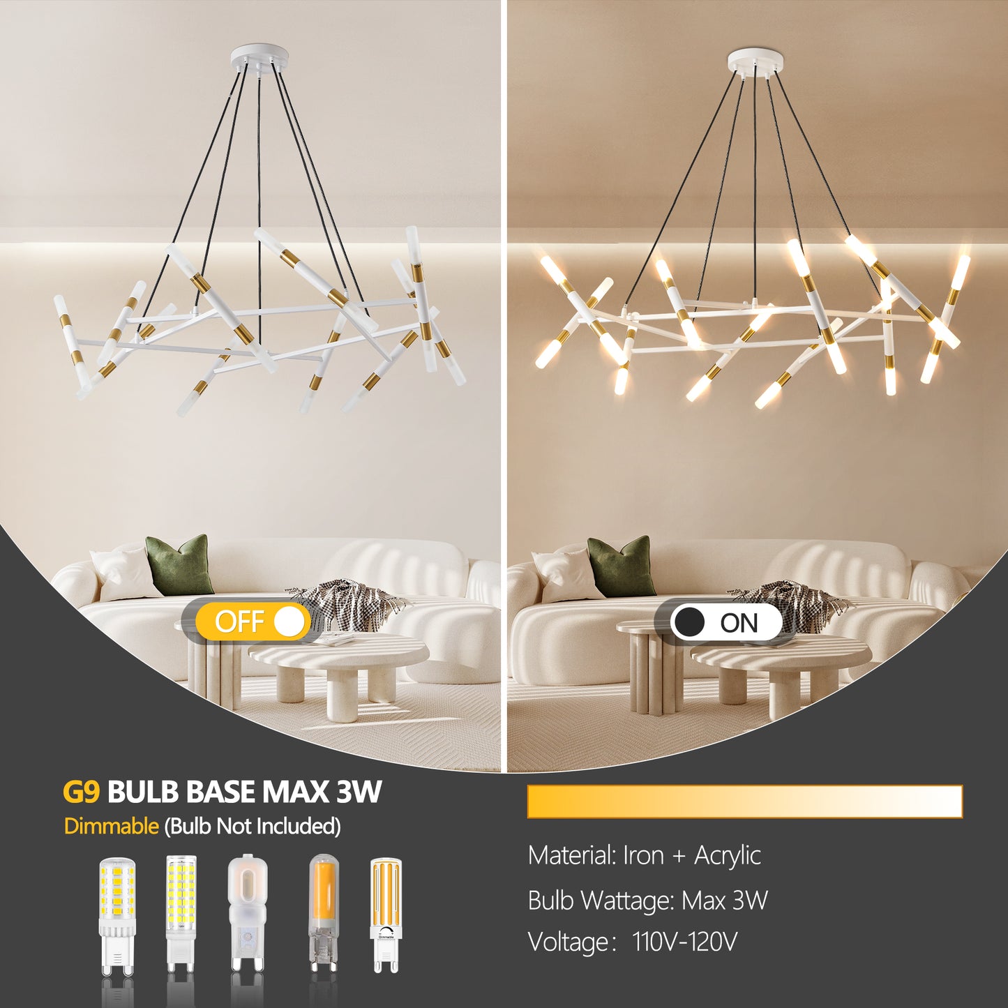 41" White & Golden Modern Chandelier Light Fixture, Branch Design with Frosted Tubes, Black Cords, Adjustable Height Pendant Light for Dining Room, Living Room, or Kitchen Island (Bulb Not Included)