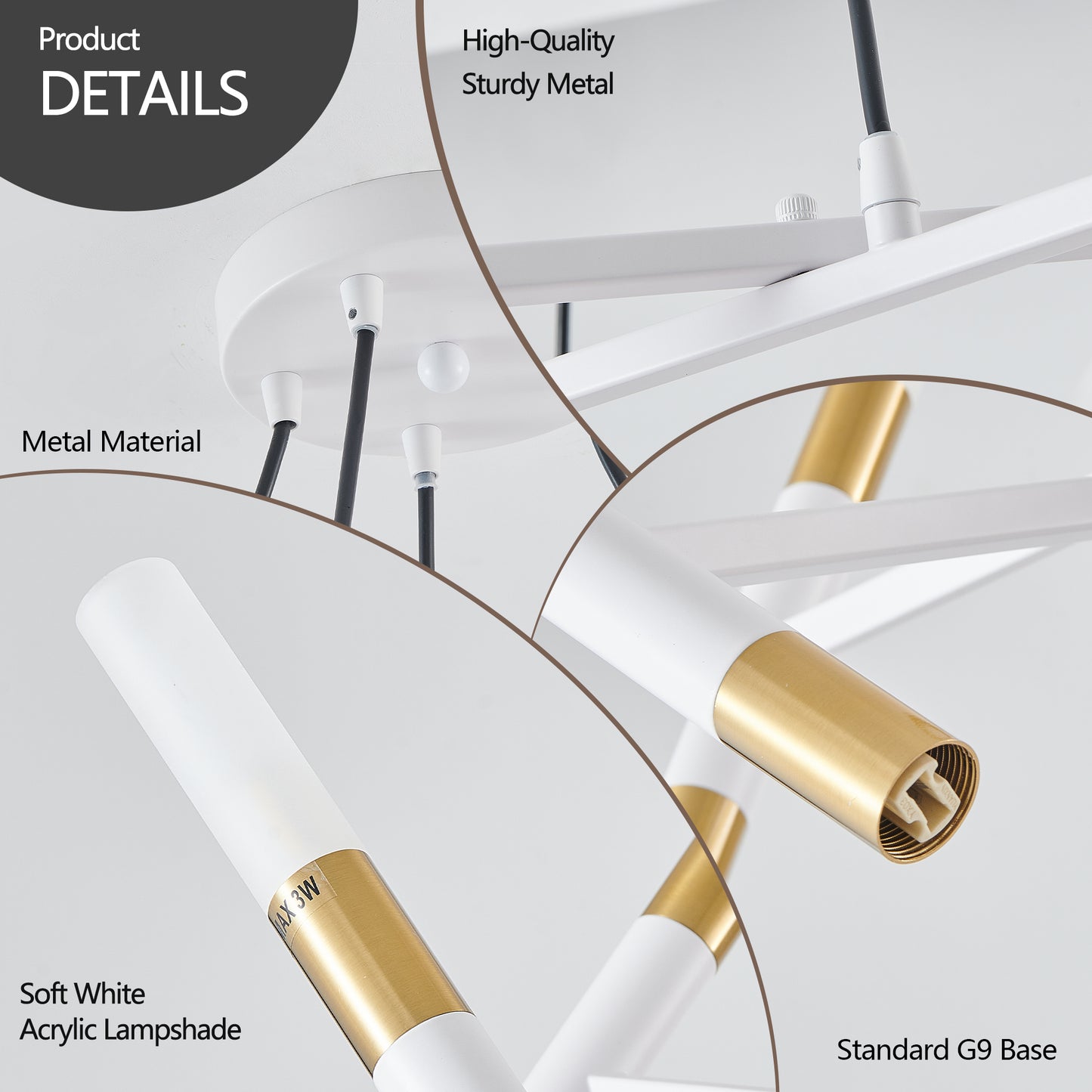 41" White & Golden Modern Chandelier Light Fixture, Branch Design with Frosted Tubes, Black Cords, Adjustable Height Pendant Light for Dining Room, Living Room, or Kitchen Island (Bulb Not Included)