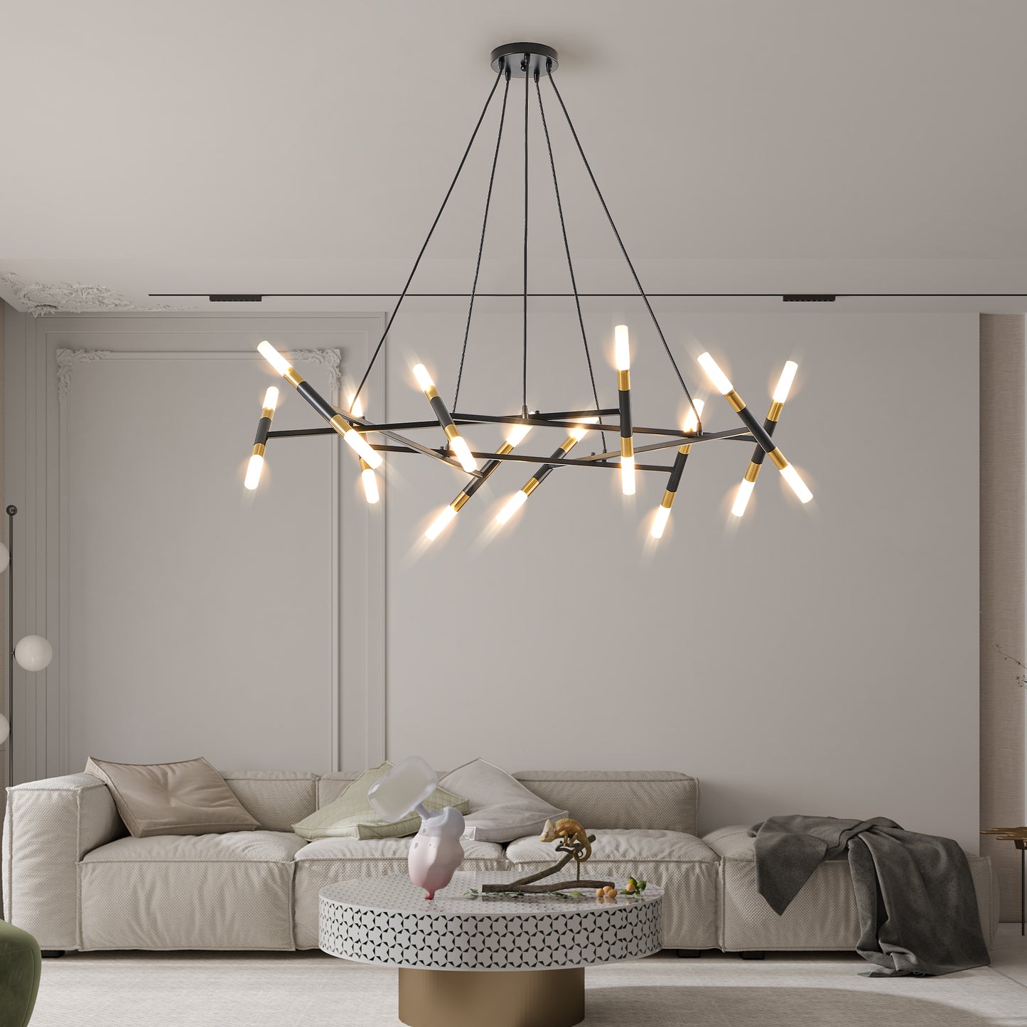 41" Black & Golden Modern Chandelier Light Fixture, Branch Design with Frosted Tubes, Black Cords, Adjustable Height Pendant Light for Dining Room, Living Room, or Kitchen Island (Bulb Not Included)