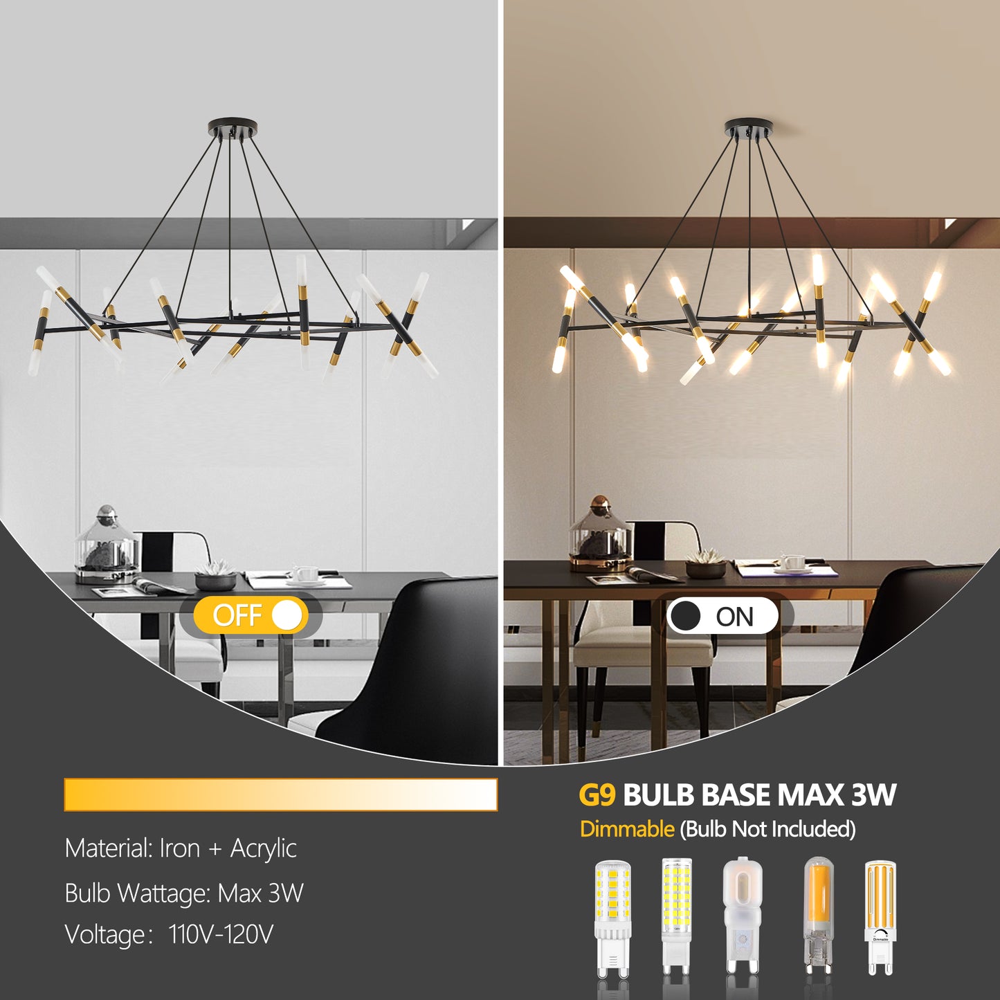 41" Black & Golden Modern Chandelier Light Fixture, Branch Design with Frosted Tubes, Black Cords, Adjustable Height Pendant Light for Dining Room, Living Room, or Kitchen Island (Bulb Not Included)