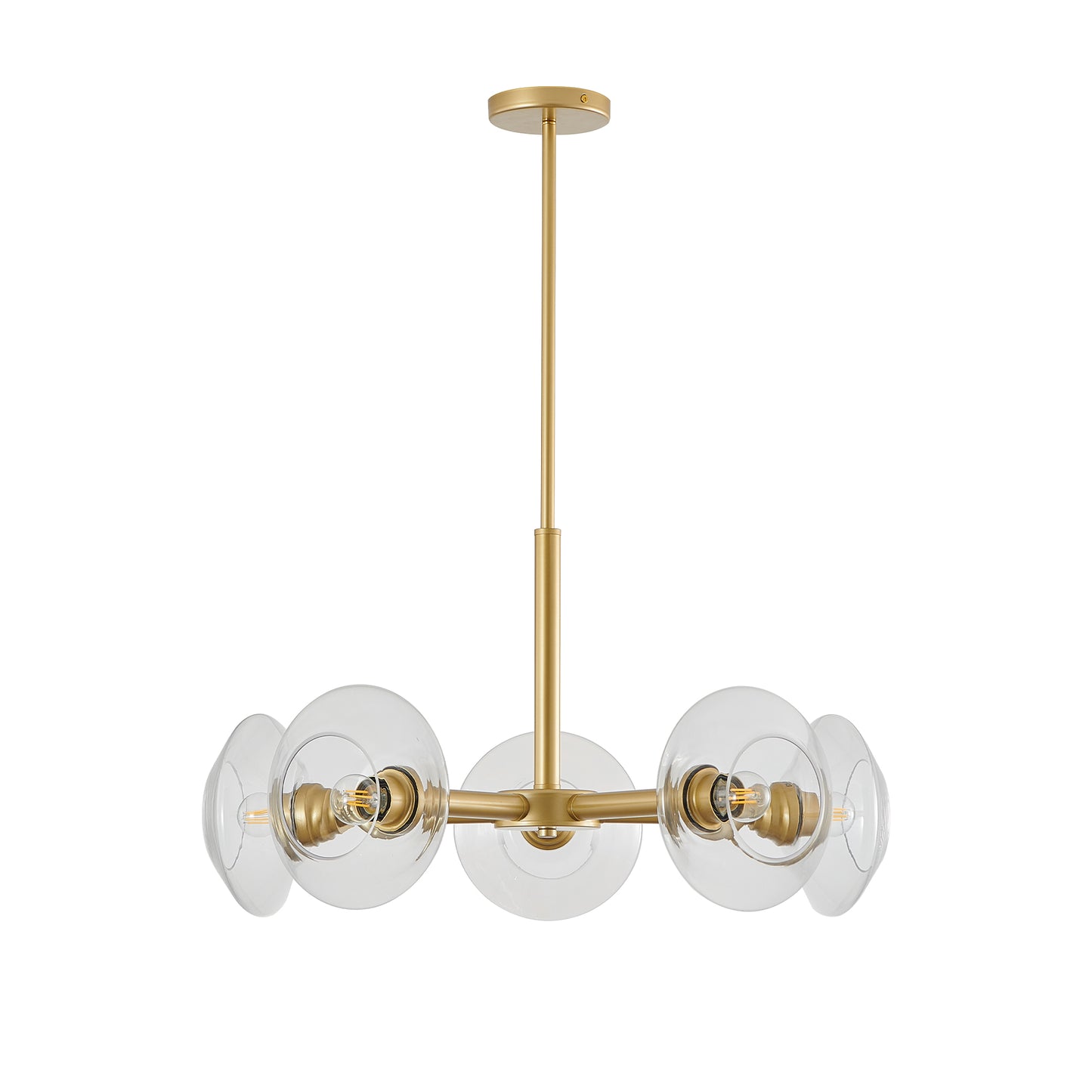 26" Modern Gold 5-Light Sputnik Chandelier with Clear Glass Shades, Mid-Century Hanging Pendant Light Fixture for Dining Room, Living Room, or Kitchen (Bulb Not Included)