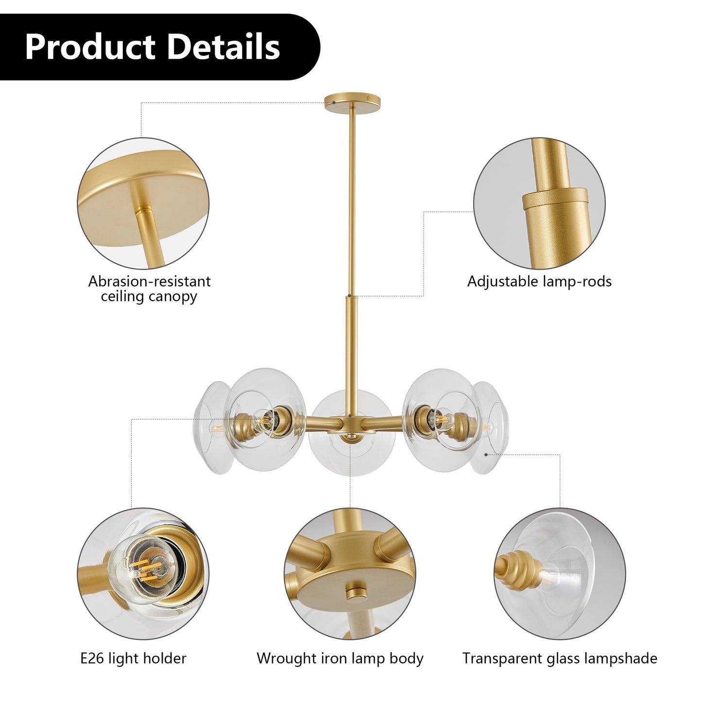 26" Modern Gold 5-Light Sputnik Chandelier with Clear Glass Shades, Mid-Century Hanging Pendant Light Fixture for Dining Room, Living Room, or Kitchen (Bulb Not Included)