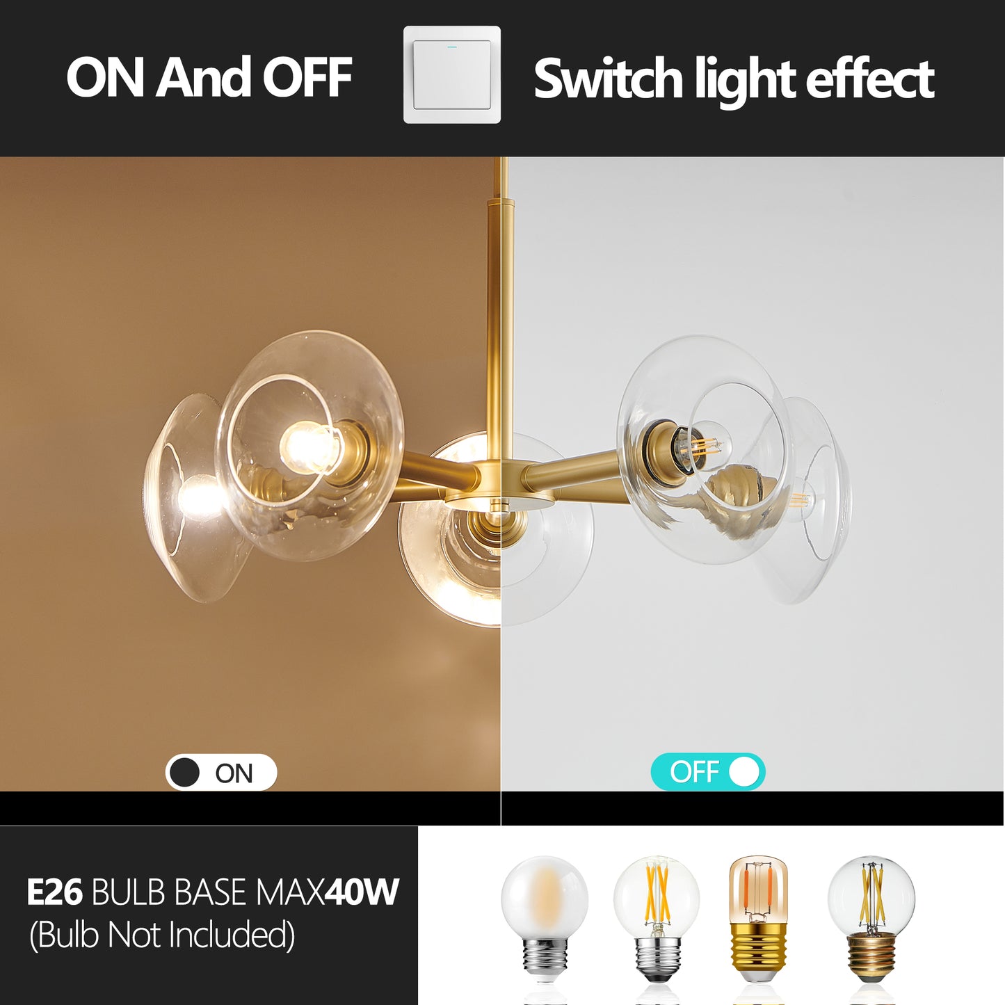26" Modern Gold 5-Light Sputnik Chandelier with Clear Glass Shades, Mid-Century Hanging Pendant Light Fixture for Dining Room, Living Room, or Kitchen (Bulb Not Included)