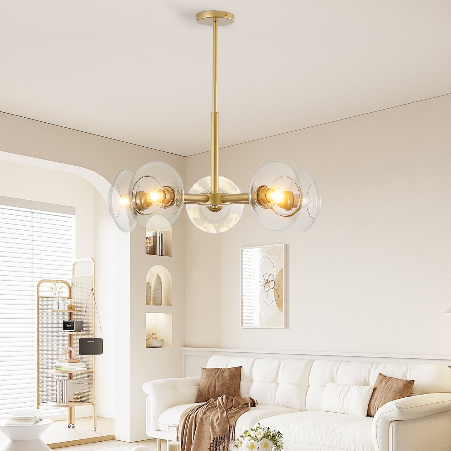 26" Modern Gold 5-Light Sputnik Chandelier with Clear Glass Shades, Mid-Century Hanging Pendant Light Fixture for Dining Room, Living Room, or Kitchen (Bulb Not Included)