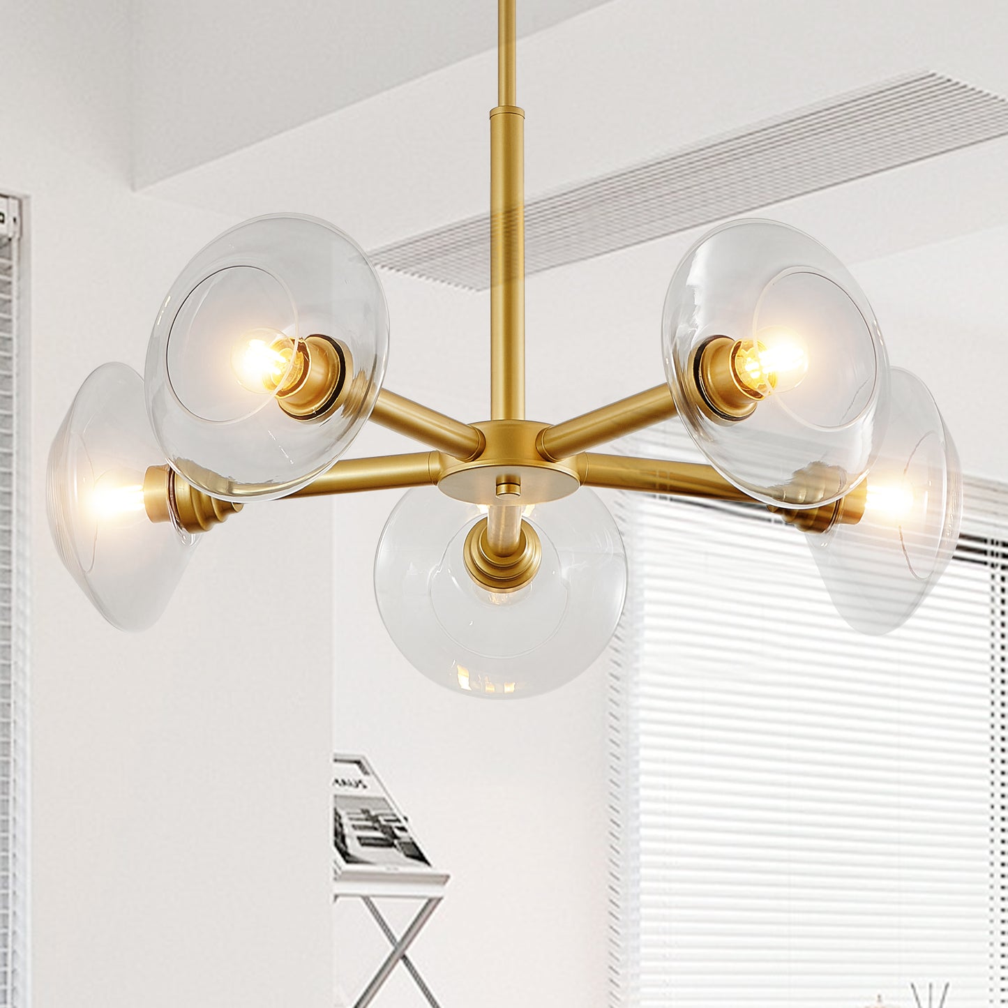 26" Modern Gold 5-Light Sputnik Chandelier with Clear Glass Shades, Mid-Century Hanging Pendant Light Fixture for Dining Room, Living Room, or Kitchen (Bulb Not Included)