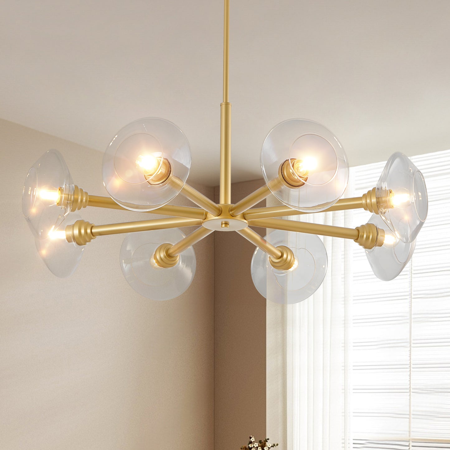36" Modern Gold 8-Light Sputnik Chandelier with Clear Glass Shades, Mid-Century Hanging Pendant Light Fixture for Dining Room, Living Room, or Kitchen (Bulb Not Included)