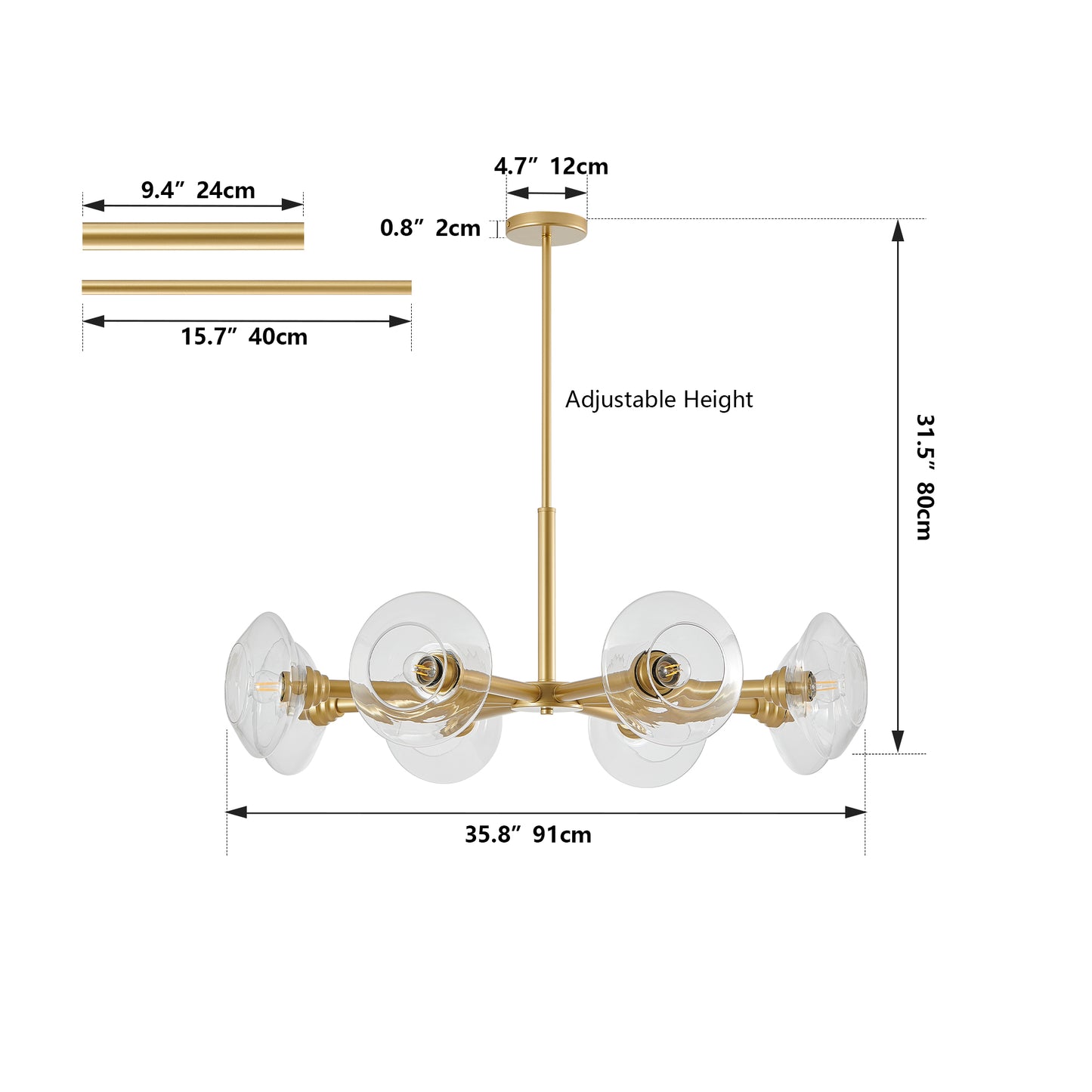 36" Modern Gold 8-Light Sputnik Chandelier with Clear Glass Shades, Mid-Century Hanging Pendant Light Fixture for Dining Room, Living Room, or Kitchen (Bulb Not Included)