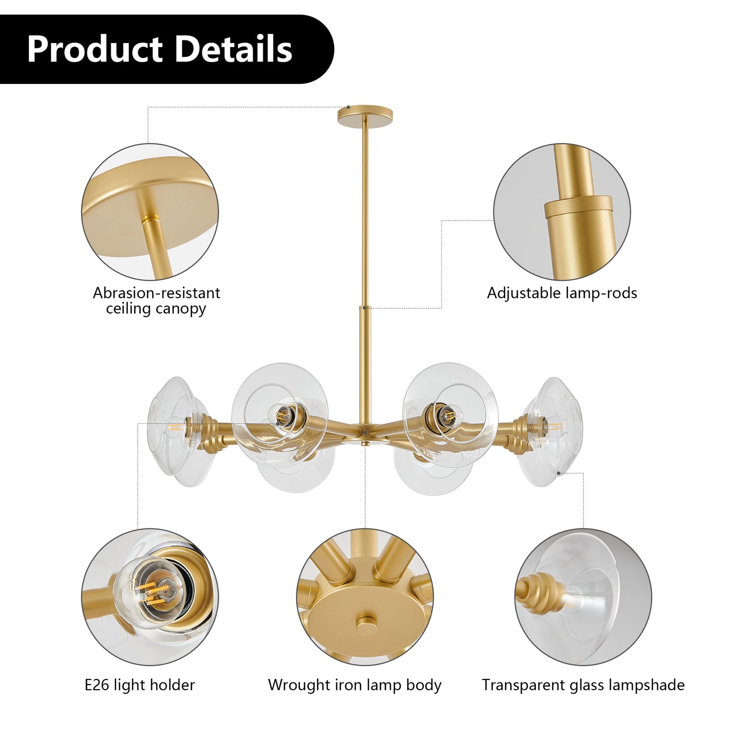 36" Modern Gold 8-Light Sputnik Chandelier with Clear Glass Shades, Mid-Century Hanging Pendant Light Fixture for Dining Room, Living Room, or Kitchen (Bulb Not Included)