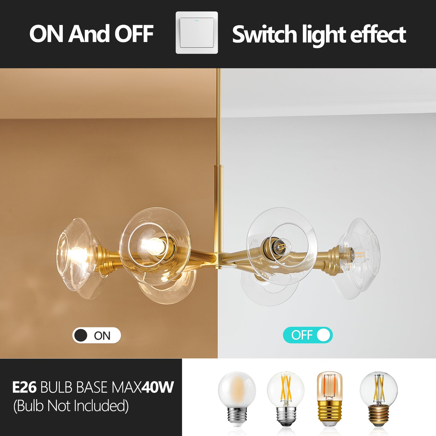 36" Modern Gold 8-Light Sputnik Chandelier with Clear Glass Shades, Mid-Century Hanging Pendant Light Fixture for Dining Room, Living Room, or Kitchen (Bulb Not Included)
