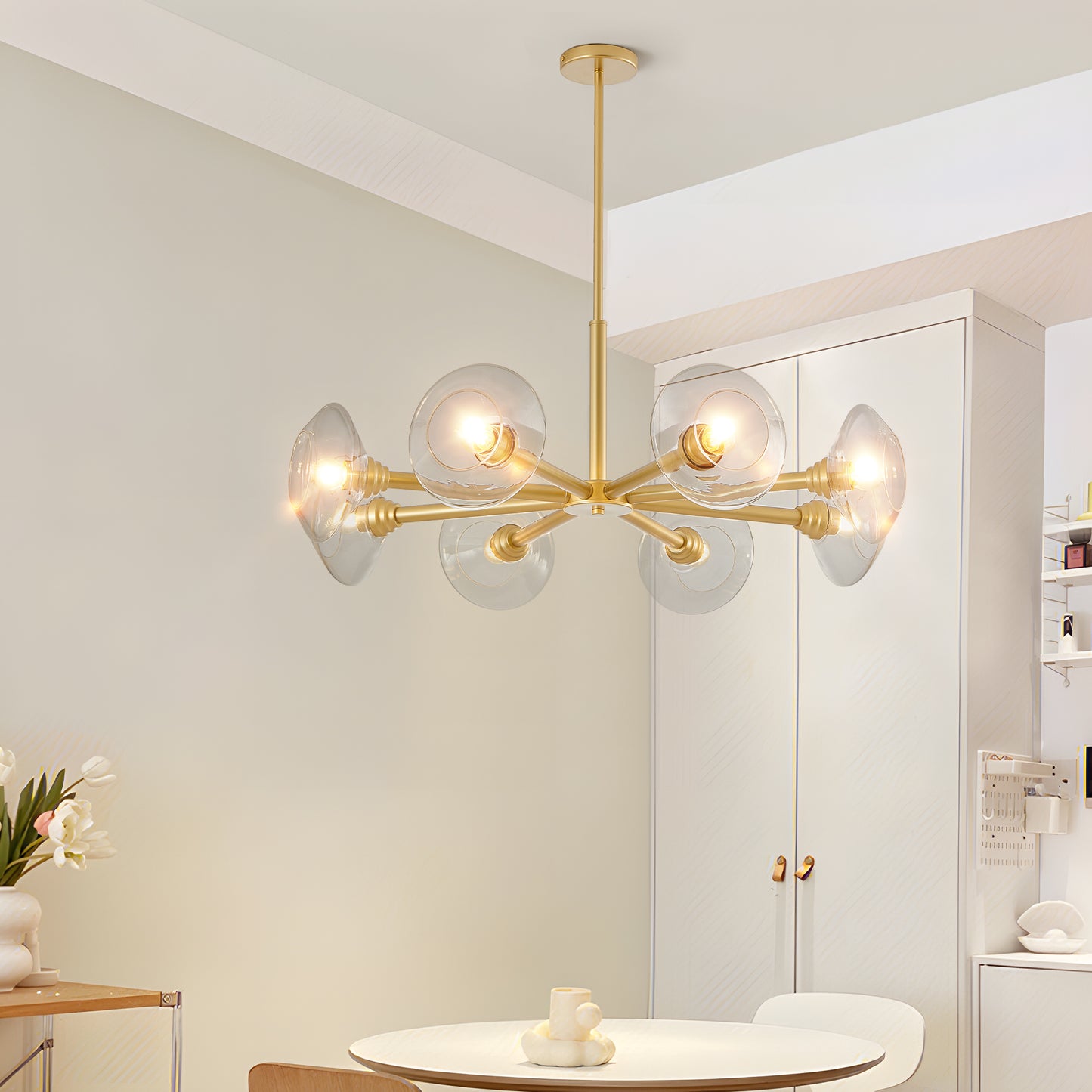 36" Modern Gold 8-Light Sputnik Chandelier with Clear Glass Shades, Mid-Century Hanging Pendant Light Fixture for Dining Room, Living Room, or Kitchen (Bulb Not Included)