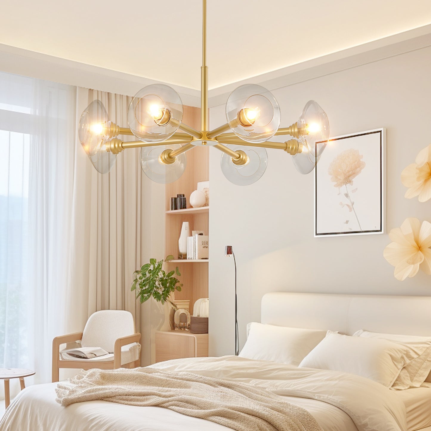 36" Modern Gold 8-Light Sputnik Chandelier with Clear Glass Shades, Mid-Century Hanging Pendant Light Fixture for Dining Room, Living Room, or Kitchen (Bulb Not Included)