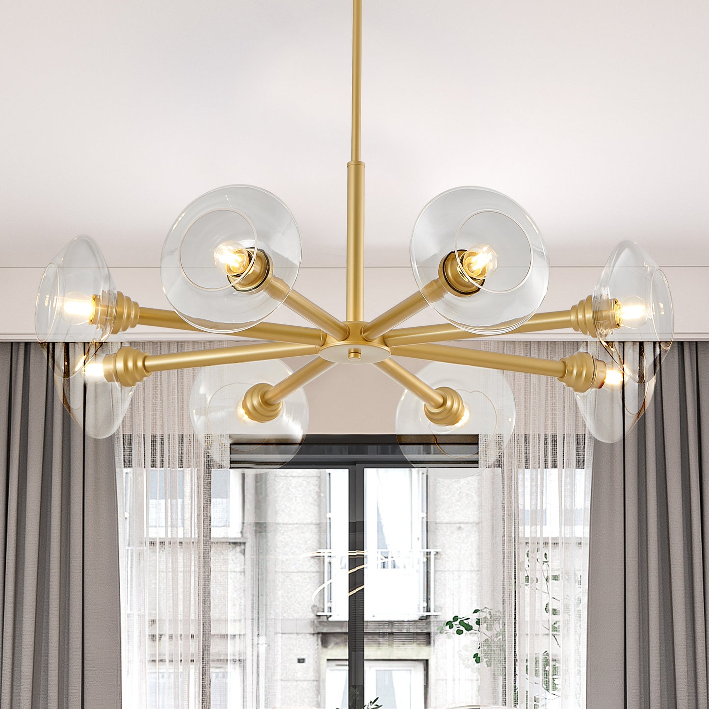 36" Modern Gold 8-Light Sputnik Chandelier with Clear Glass Shades, Mid-Century Hanging Pendant Light Fixture for Dining Room, Living Room, or Kitchen (Bulb Not Included)