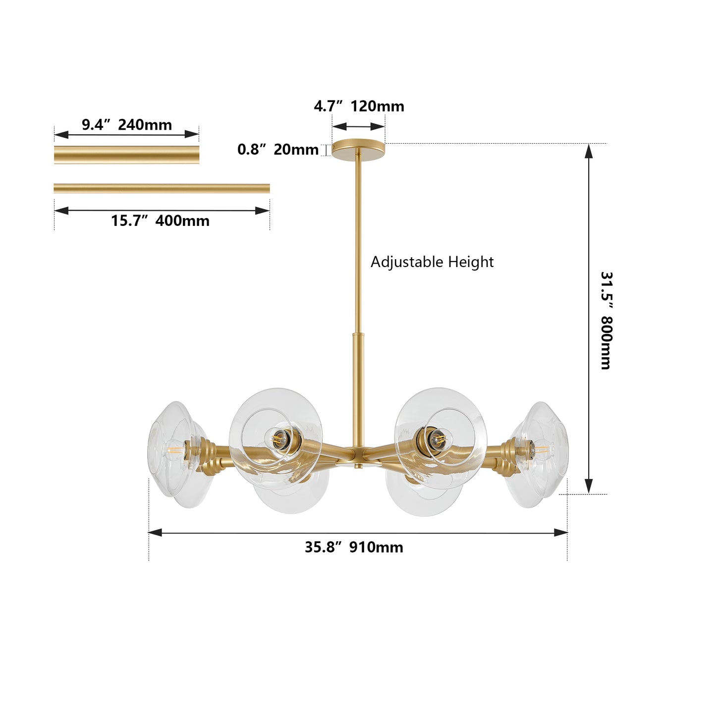 36" Modern Gold 8-Light Sputnik Chandelier with Clear Glass Shades, Mid-Century Hanging Pendant Light Fixture for Dining Room, Living Room, or Kitchen (Bulb Not Included)