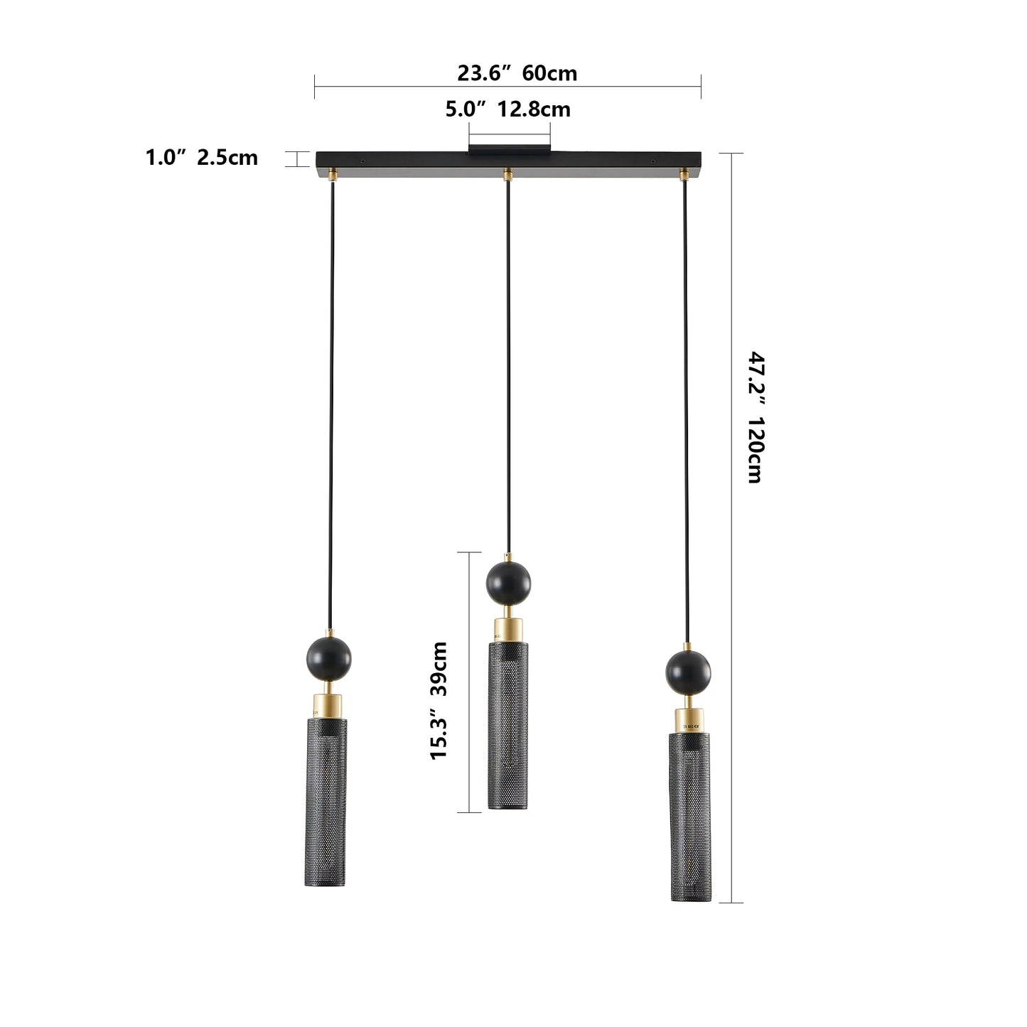 25" Modern Black and Gold 3-Light Pendant Chandelier, Adjustable Hanging Lights with Cylindrical Mesh Shades, E26 Base, Ideal for Dining Room, Kitchen Island, or Living Room Lighting (No Bulbs)