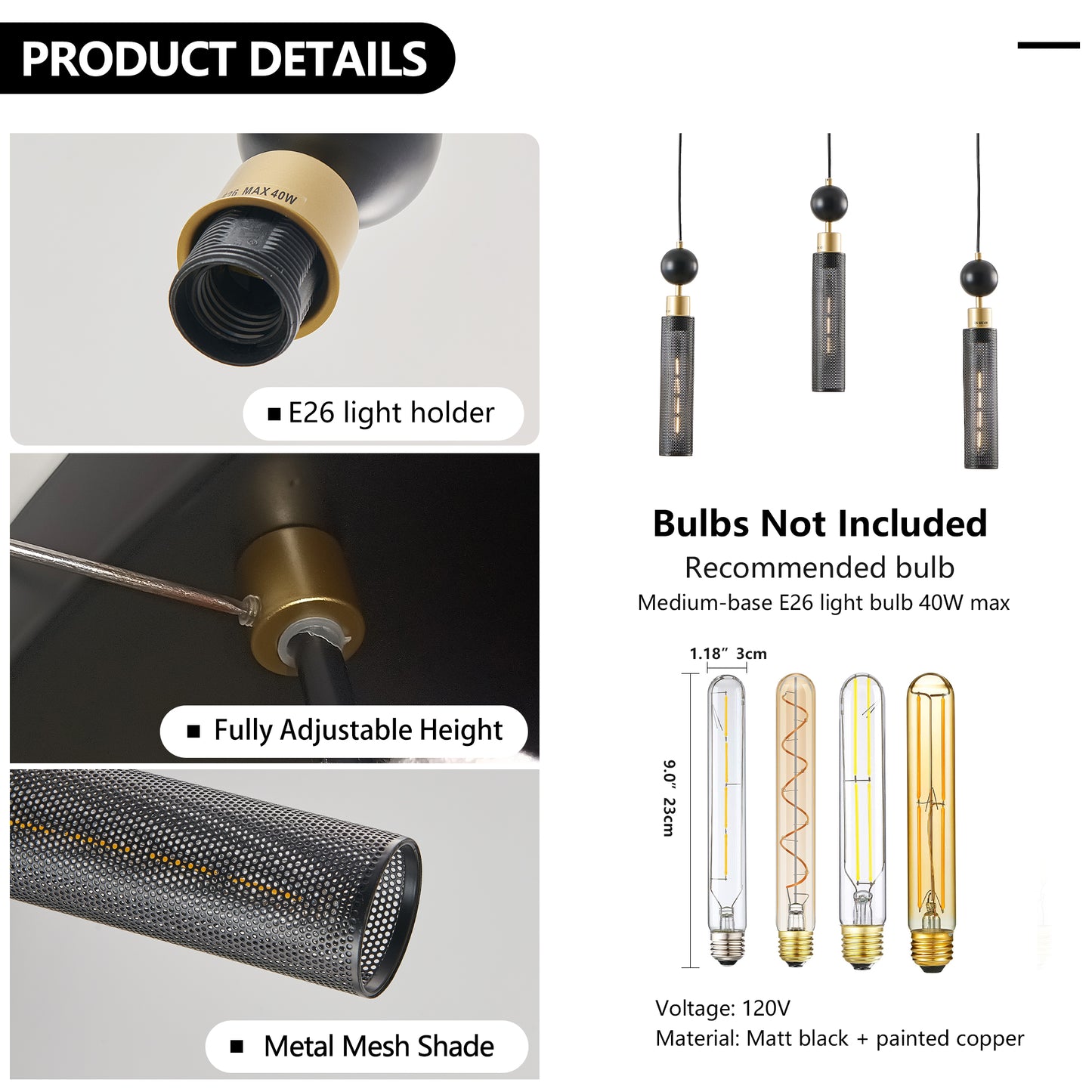 25" Modern Black and Gold 3-Light Pendant Chandelier, Adjustable Hanging Lights with Cylindrical Mesh Shades, E26 Base, Ideal for Dining Room, Kitchen Island, or Living Room Lighting (No Bulbs)