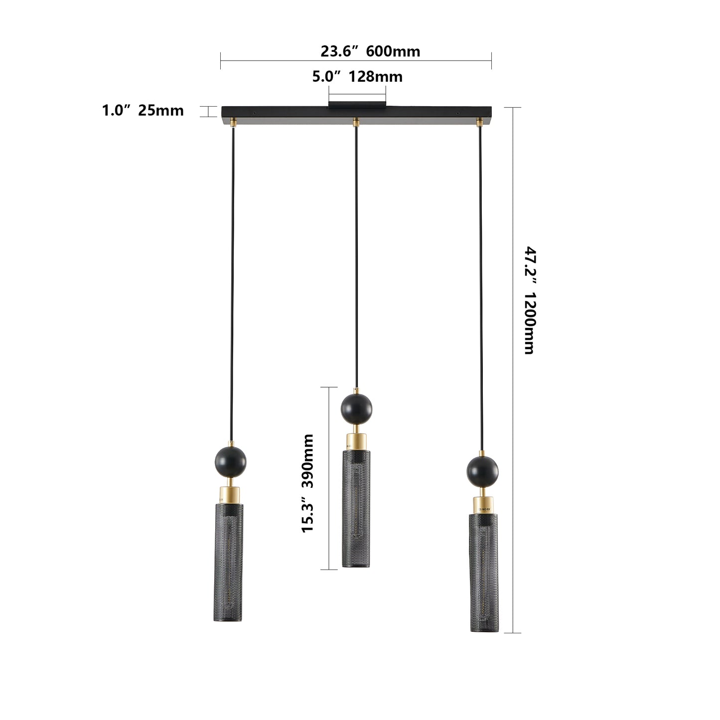 25" Modern Black and Gold 3-Light Pendant Chandelier, Adjustable Hanging Lights with Cylindrical Mesh Shades, E26 Base, Ideal for Dining Room, Kitchen Island, or Living Room Lighting (No Bulbs)