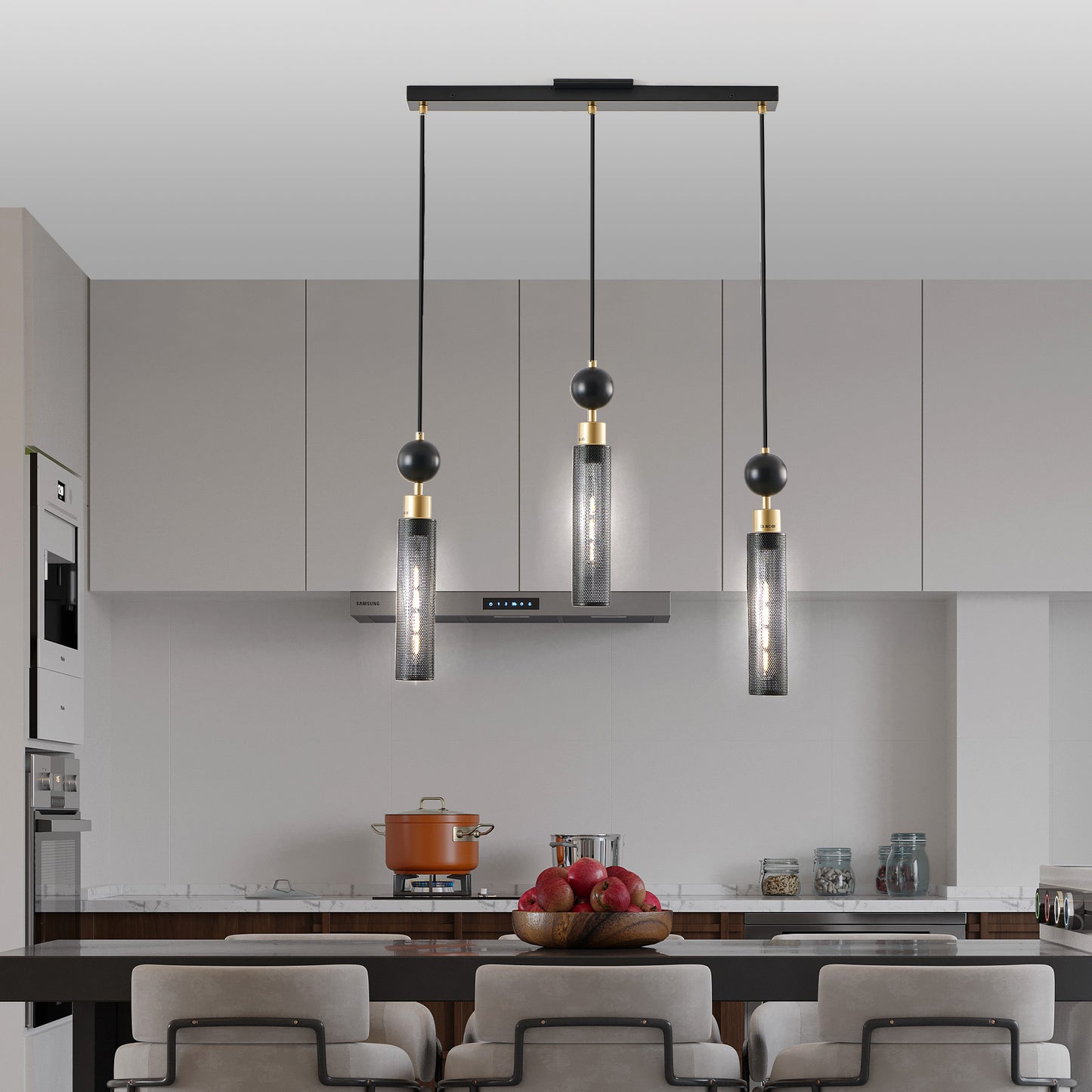 25" Modern Black and Gold 3-Light Pendant Chandelier, Adjustable Hanging Lights with Cylindrical Mesh Shades, E26 Base, Ideal for Dining Room, Kitchen Island, or Living Room Lighting (No Bulbs)