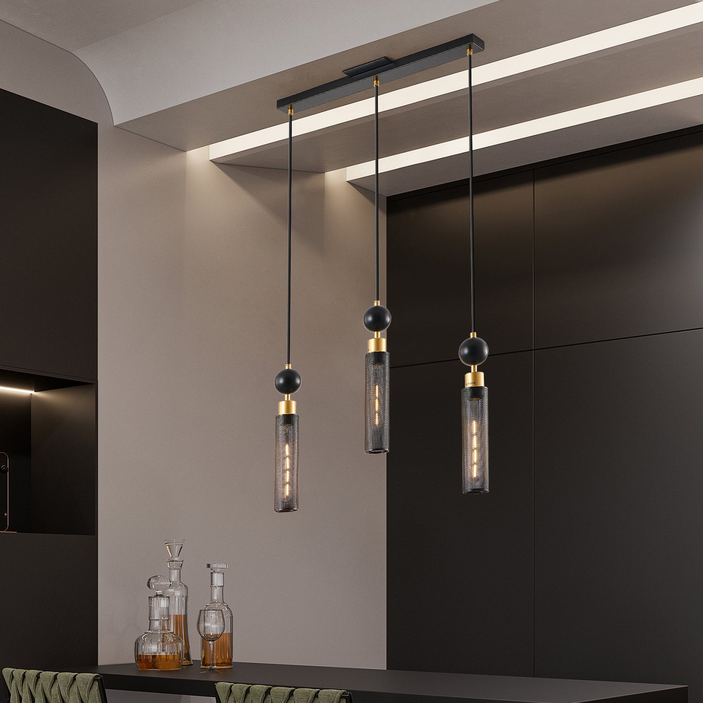 25" Modern Black and Gold 3-Light Pendant Chandelier, Adjustable Hanging Lights with Cylindrical Mesh Shades, E26 Base, Ideal for Dining Room, Kitchen Island, or Living Room Lighting (No Bulbs)