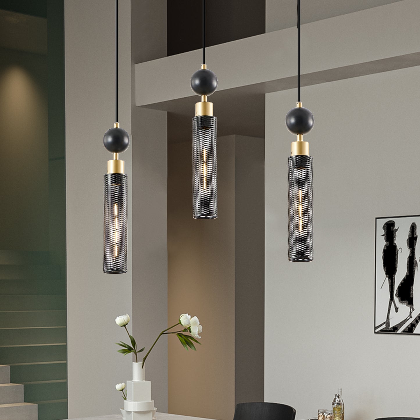 25" Modern Black and Gold 3-Light Pendant Chandelier, Adjustable Hanging Lights with Cylindrical Mesh Shades, E26 Base, Ideal for Dining Room, Kitchen Island, or Living Room Lighting (No Bulbs)