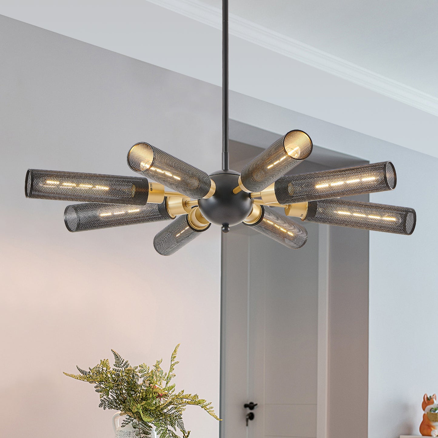 34" Modern Industrial Sputnik Chandelier, 8-Light Black and Gold Metal Pendant Light with Mesh Shades, E26 Base, Adjustable Height for Dining Room, Living Room, or Kitchen Island (Bulb Not Included)