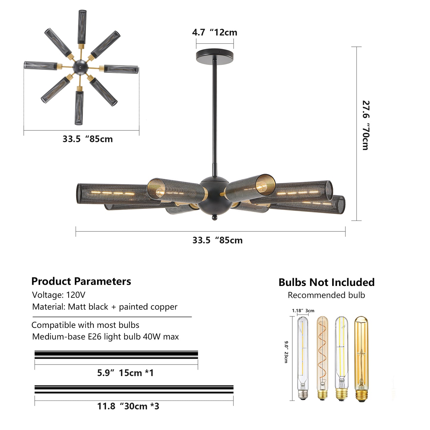 34" Modern Industrial Sputnik Chandelier, 8-Light Black and Gold Metal Pendant Light with Mesh Shades, E26 Base, Adjustable Height for Dining Room, Living Room, or Kitchen Island (Bulb Not Included)