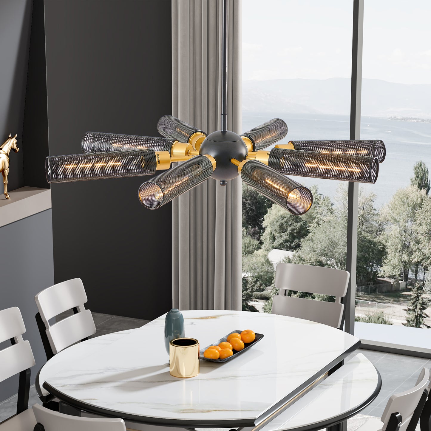 34" Modern Industrial Sputnik Chandelier, 8-Light Black and Gold Metal Pendant Light with Mesh Shades, E26 Base, Adjustable Height for Dining Room, Living Room, or Kitchen Island (Bulb Not Included)