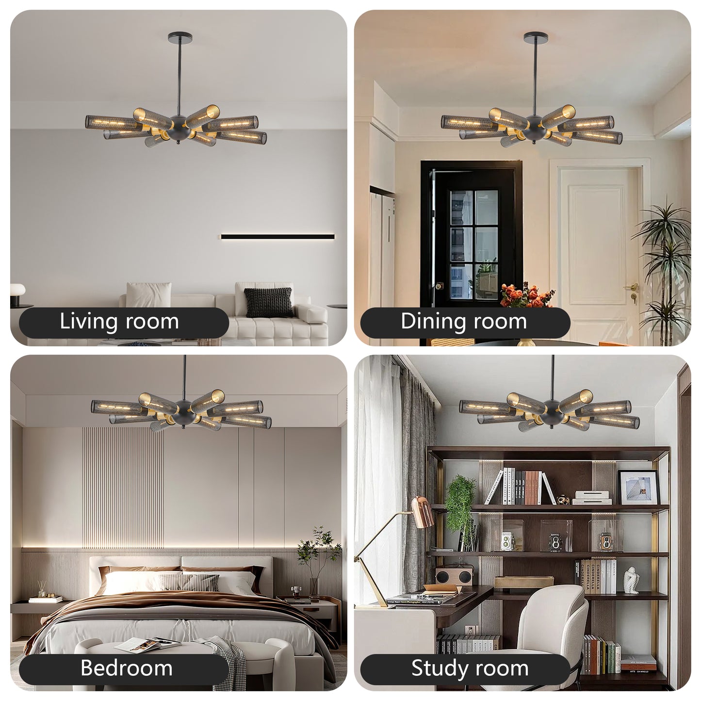 34" Modern Industrial Sputnik Chandelier, 8-Light Black and Gold Metal Pendant Light with Mesh Shades, E26 Base, Adjustable Height for Dining Room, Living Room, or Kitchen Island (Bulb Not Included)