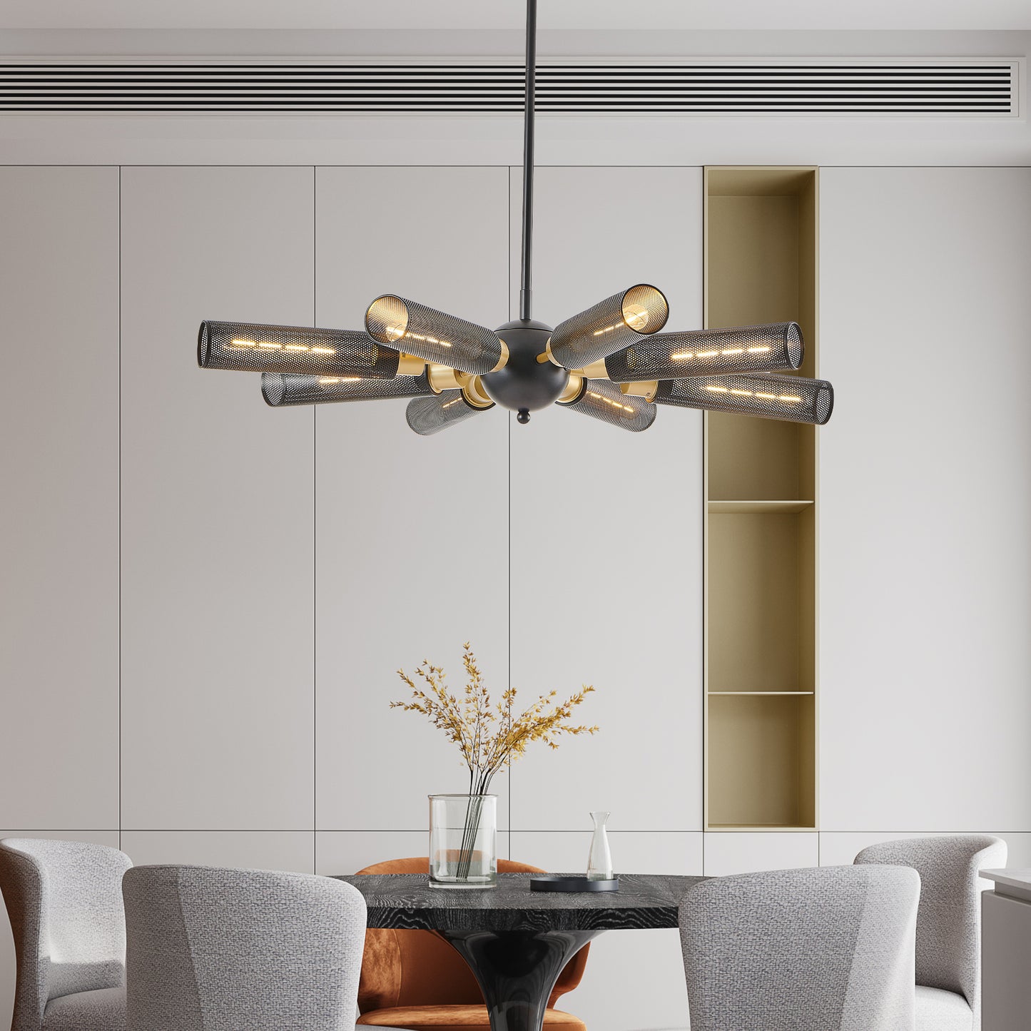 34" Modern Industrial Sputnik Chandelier, 8-Light Black and Gold Metal Pendant Light with Mesh Shades, E26 Base, Adjustable Height for Dining Room, Living Room, or Kitchen Island (Bulb Not Included)