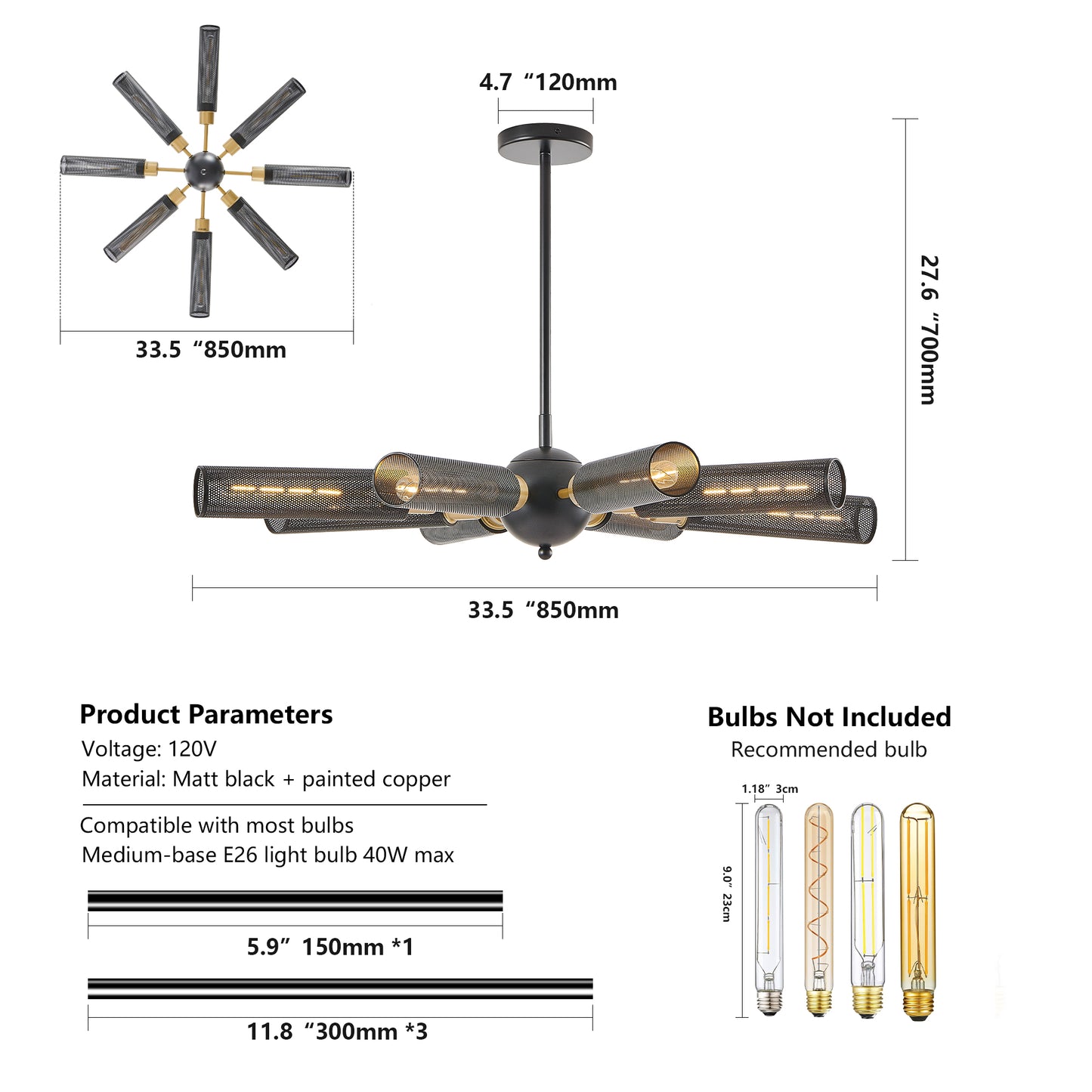 34" Modern Industrial Sputnik Chandelier, 8-Light Black and Gold Metal Pendant Light with Mesh Shades, E26 Base, Adjustable Height for Dining Room, Living Room, or Kitchen Island (Bulb Not Included)