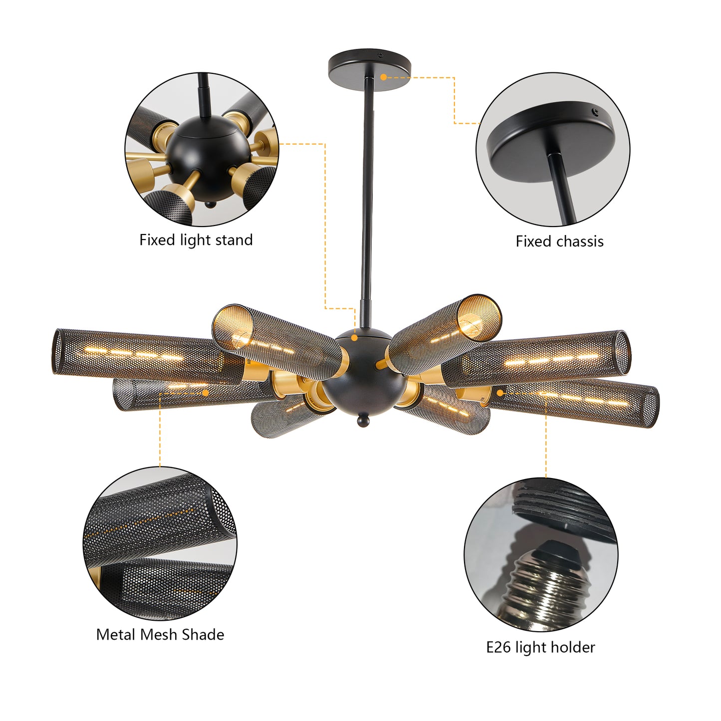 34" Modern Industrial Sputnik Chandelier, 8-Light Black and Gold Metal Pendant Light with Mesh Shades, E26 Base, Adjustable Height for Dining Room, Living Room, or Kitchen Island (Bulb Not Included)