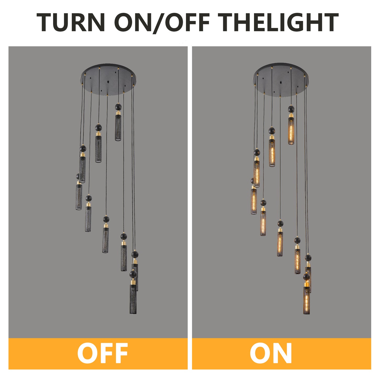 24" Modern Industrial Multi-Light Pendant Chandelier - 9-Light Black and Gold Adjustable Ceiling Light Fixture with Mesh Cylinder Shades for Living Room, Dining Room, or Staircase (Bulb Not Included)