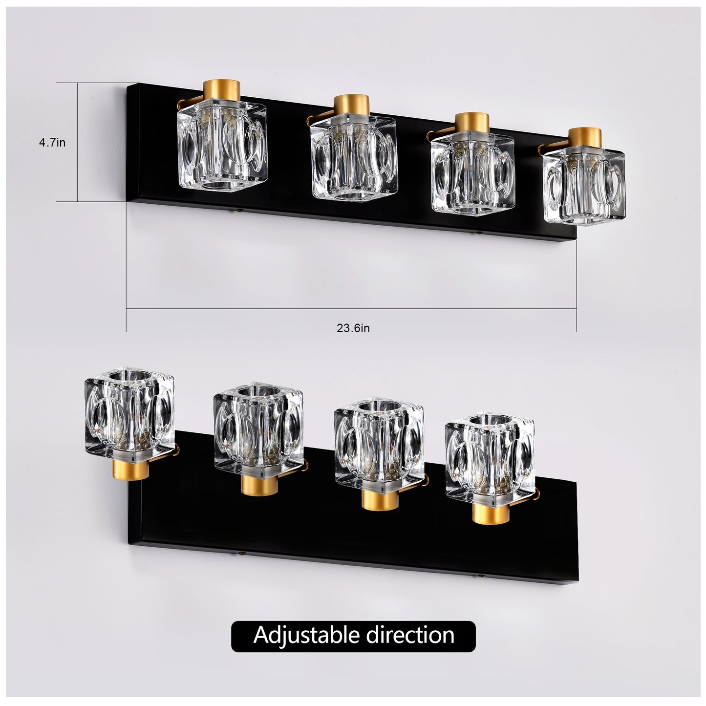 4-Light Matte Black + Gold Bathroom Light Fixtures, Modern Vanity Lights with Crystal Glass Shade, Vintage Light Fixture Bathroom Over Mirror Wall Lights for Kitchen Dinning Room Bedroom Hallway