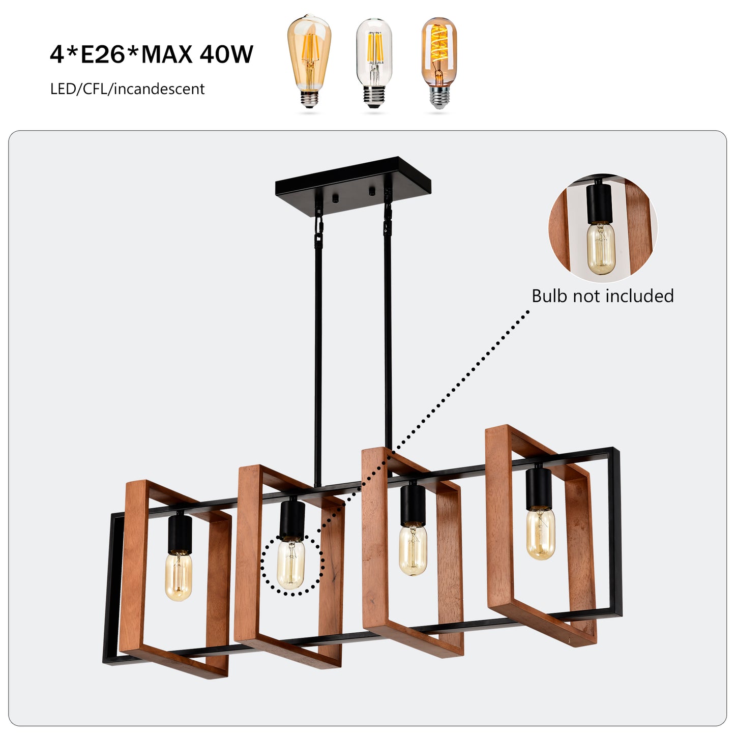 4-Light Kitchen Island Lights Pendant Light Farmhouse Dining Room Light Fixture, Rustic Wood and Black Metal Rectangular Chandelier, 36" Hanging Lighting for Living Room,Conference Room, Home Office