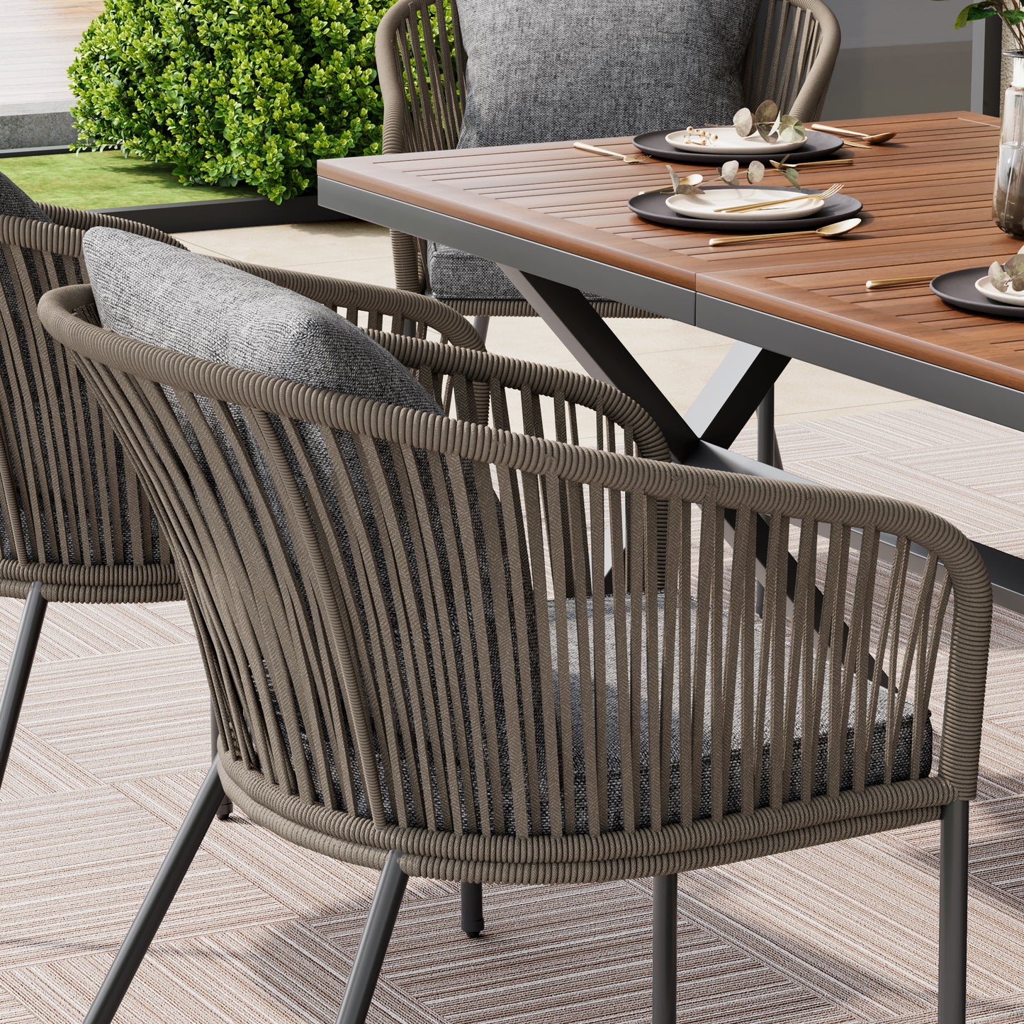 GO 7 Pieces Patio Dining Set, All-Weather Outdoor Furniture Set with Dining Table and Chairs, Acacia Wood Tabletop, Metal Frame, for for Garden, Backyard, Balcony, Grey