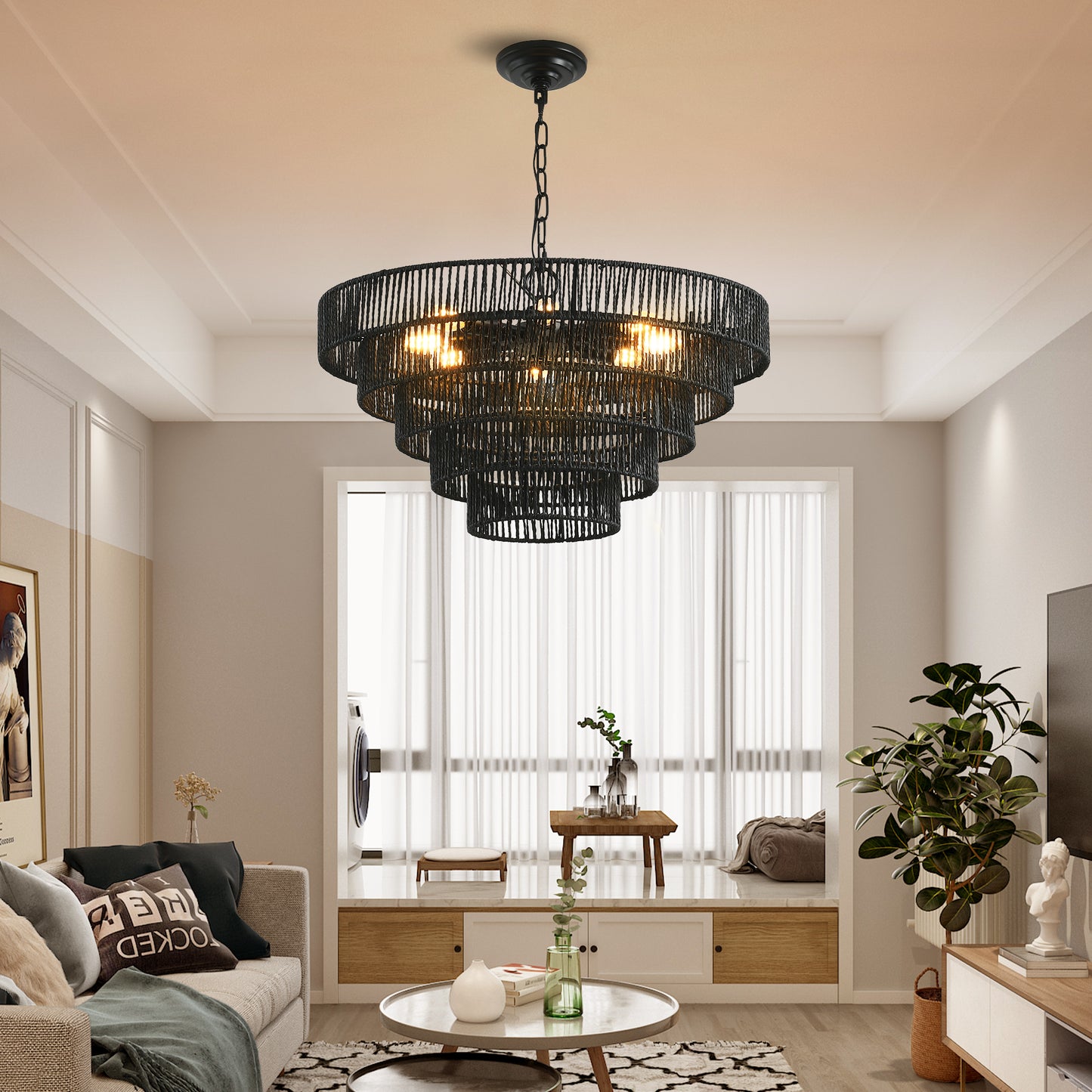 24" Rustic 5-Tier Black Hemp Rope Pendant Light Chandelier with 8 E12 Sockets, Boho Farmhouse Ceiling Fixture for Dining Room, Kitchen, or Entryway (Bulb Not Included)