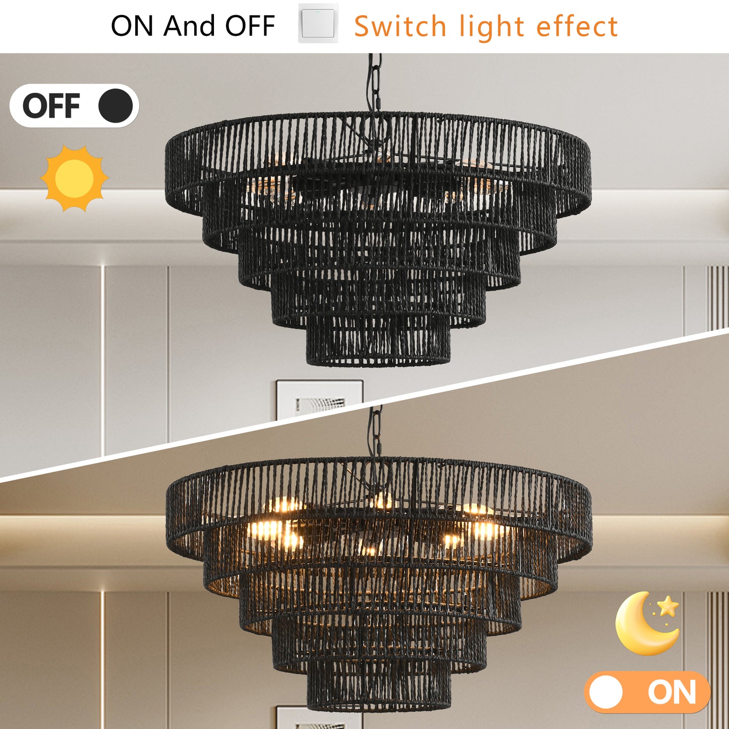 24" Rustic 5-Tier Black Hemp Rope Pendant Light Chandelier with 8 E12 Sockets, Boho Farmhouse Ceiling Fixture for Dining Room, Kitchen, or Entryway (Bulb Not Included)