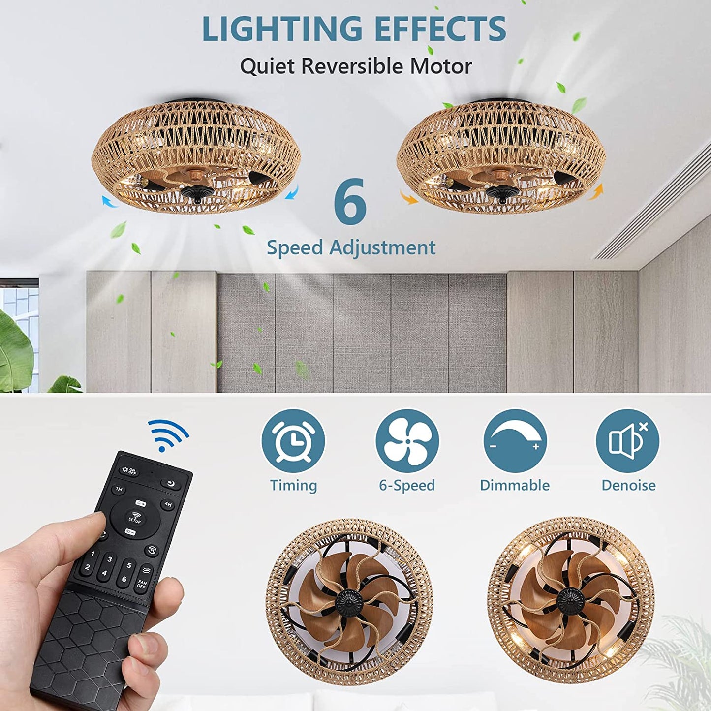 Rattan Ceiling Fan with 5 Bulbs