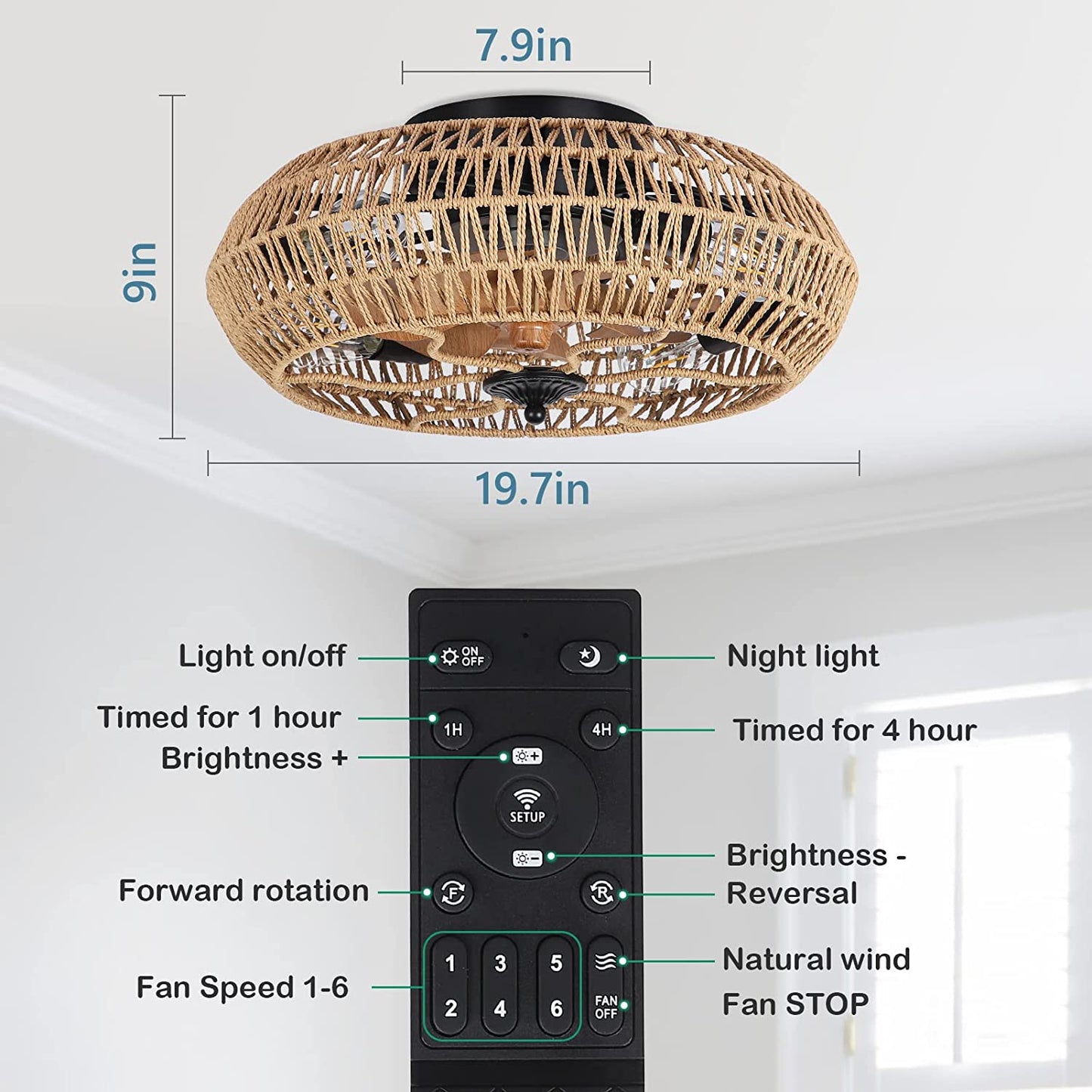 Rattan Ceiling Fan with 5 Bulbs