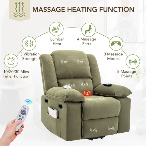 Massage Recliner,Power Lift Chair for Elderly with Adjustable Massage and Heating Function,Recliner Chair with Infinite Position and Side Pocket for Living Room (Old SKU:WF308781AAF),Green