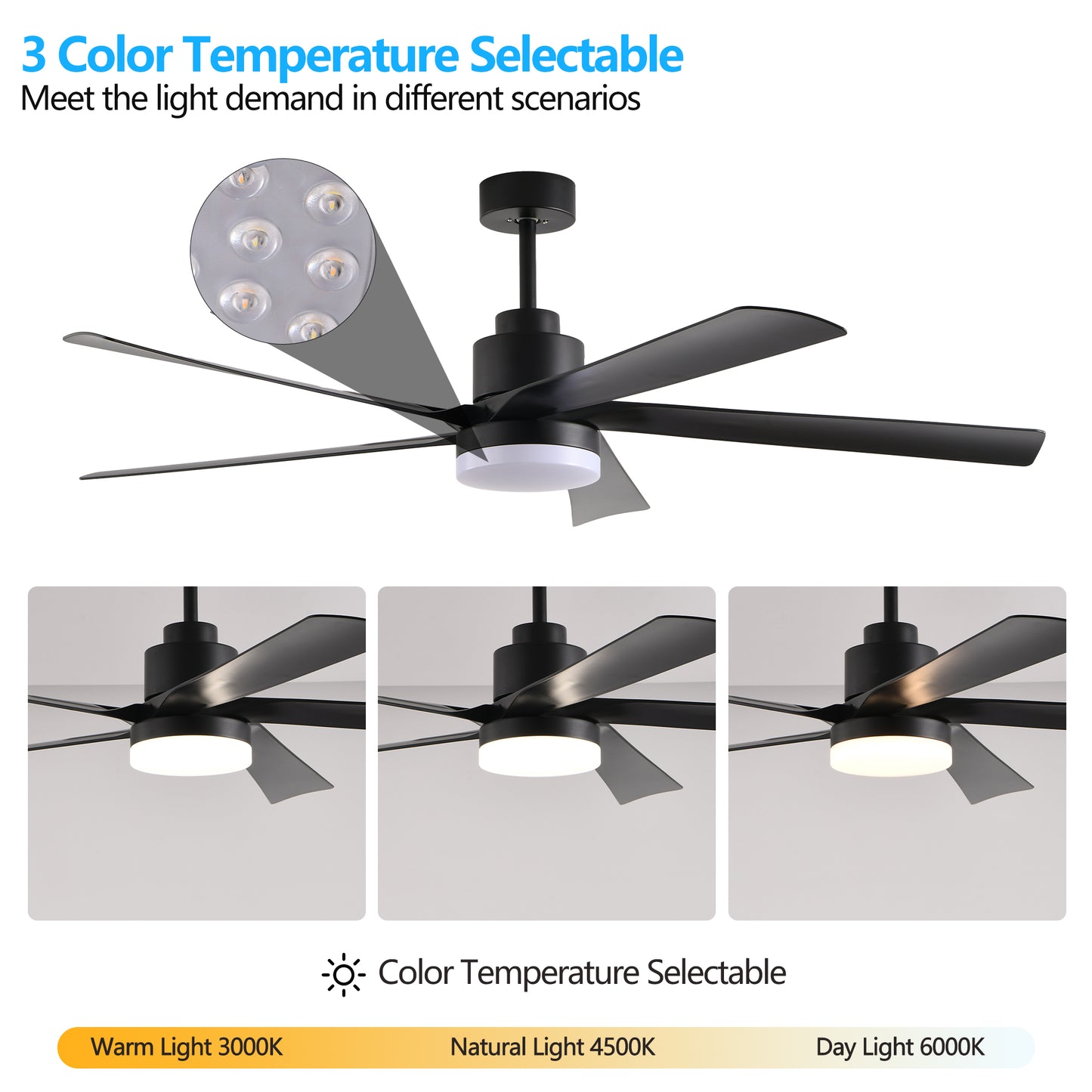 65 Inch Black Ceiling Fan with Light, 5-Blade Dimmable LED Ceiling Fan with Remote Control, Modern Quiet Design for Living Room and Bedroom