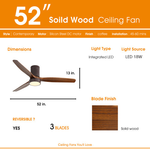 2 Inch Flush Mount Ceiling Fan with LED Light and Remote Control Solid Wood Blades