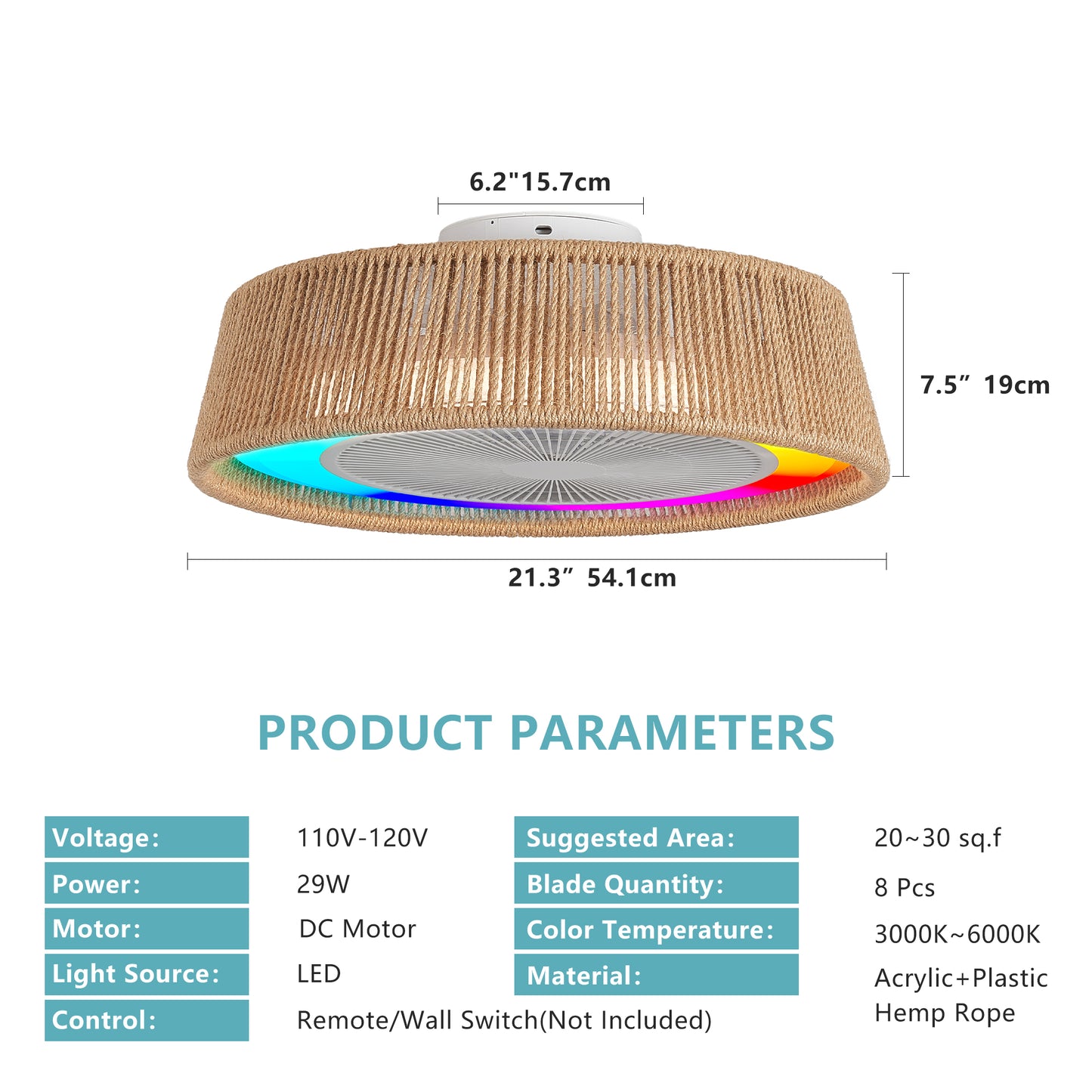 21" Modern Rustic Ceiling Fan Light with LED RGB Mood Lighting, Rope Woven Design, Quiet Fan, Semi Flush Mount for Bedroom, Living Room, or Dining Room