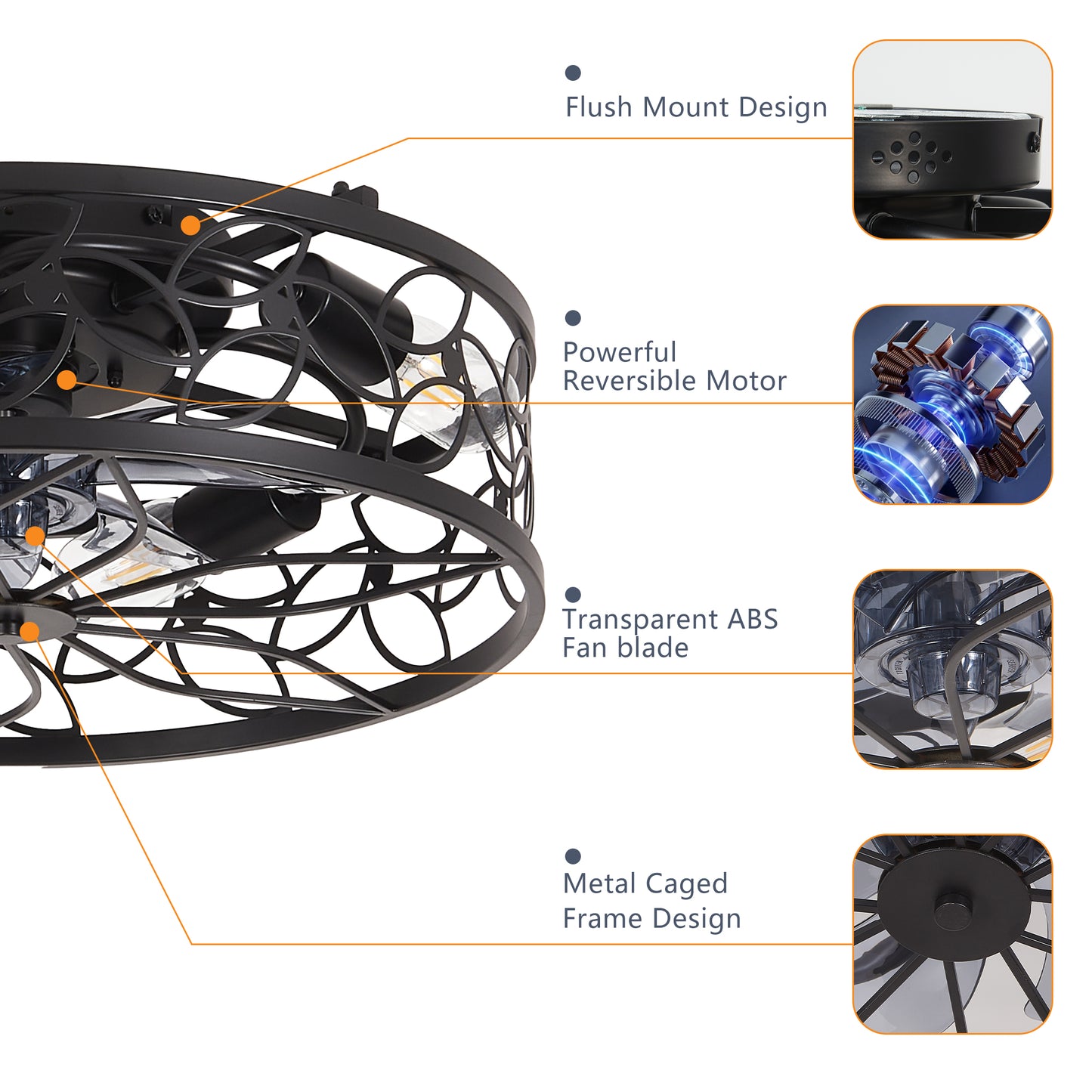 18-inch Black Vintage Caged Ceiling Fan Light – Quiet Operation, Remote Control, Industrial Style for Living Room, Bedroom, and Kitchen (Bulb Not Included)