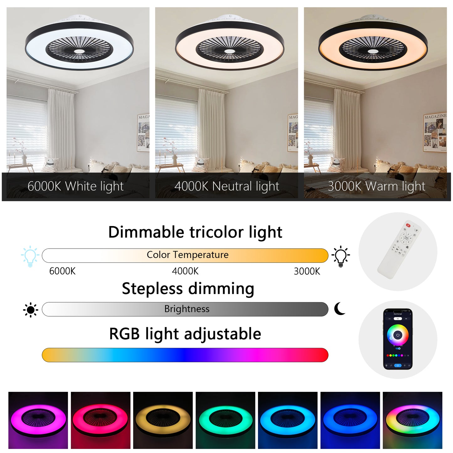 23-inch Black and White Ceiling Fan Light with LED RGB – Dimmable and Color-Changing, APP & Remote Control, Modern Smart Ceiling Fan for Living Room, Bedroom, and Dining Room