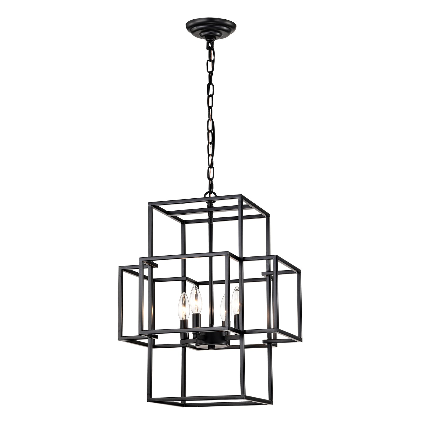 4-Light Metal Lantern Tiered Pendant Hanging Light Fixtures, Industrial Farmhouse Adjustable Height Chandeliers for Dining Room Hallway Foyer Entryway--Matte Black