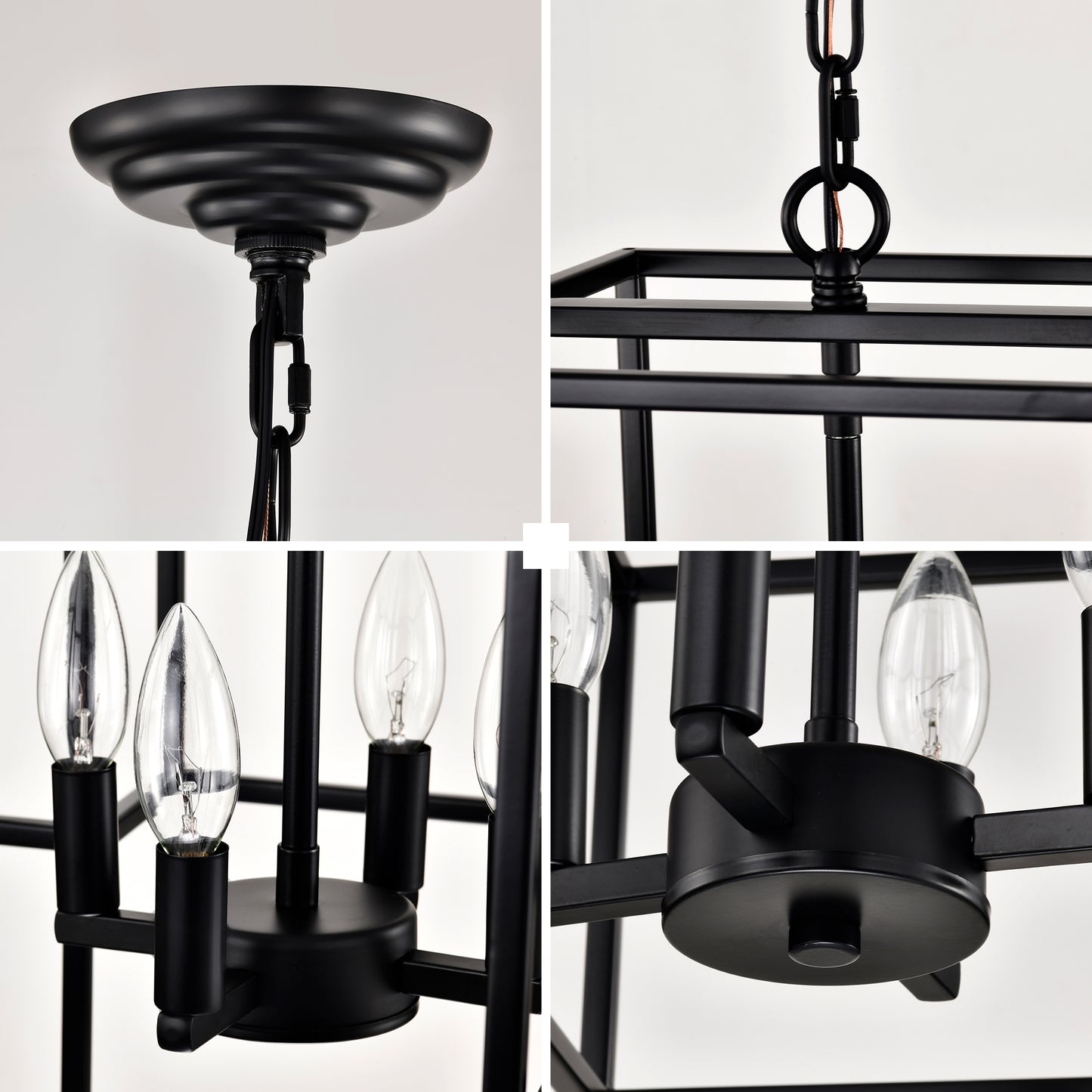 4-Light Metal Lantern Tiered Pendant Hanging Light Fixtures, Industrial Farmhouse Adjustable Height Chandeliers for Dining Room Hallway Foyer Entryway--Matte Black