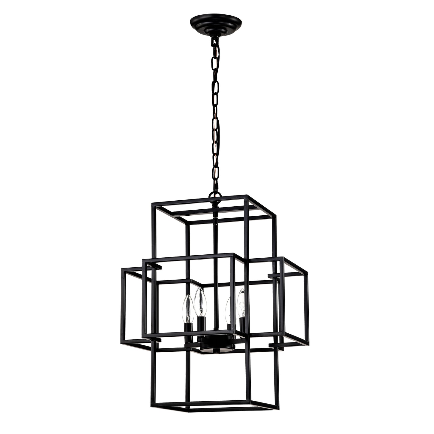 4-Light Metal Lantern Tiered Pendant Hanging Light Fixtures, Industrial Farmhouse Adjustable Height Chandeliers for Dining Room Hallway Foyer Entryway--Matte Black