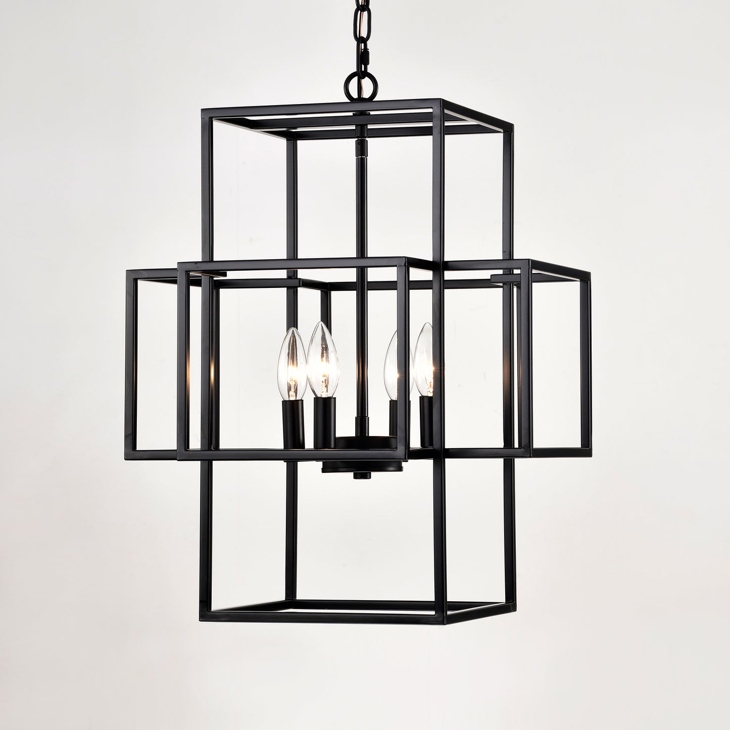 4-Light Metal Lantern Tiered Pendant Hanging Light Fixtures, Industrial Farmhouse Adjustable Height Chandeliers for Dining Room Hallway Foyer Entryway--Matte Black